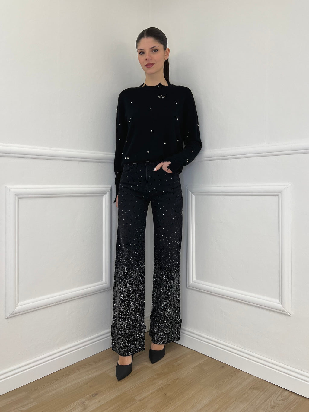 Jeans Strass con Risvolto 2382 Nero