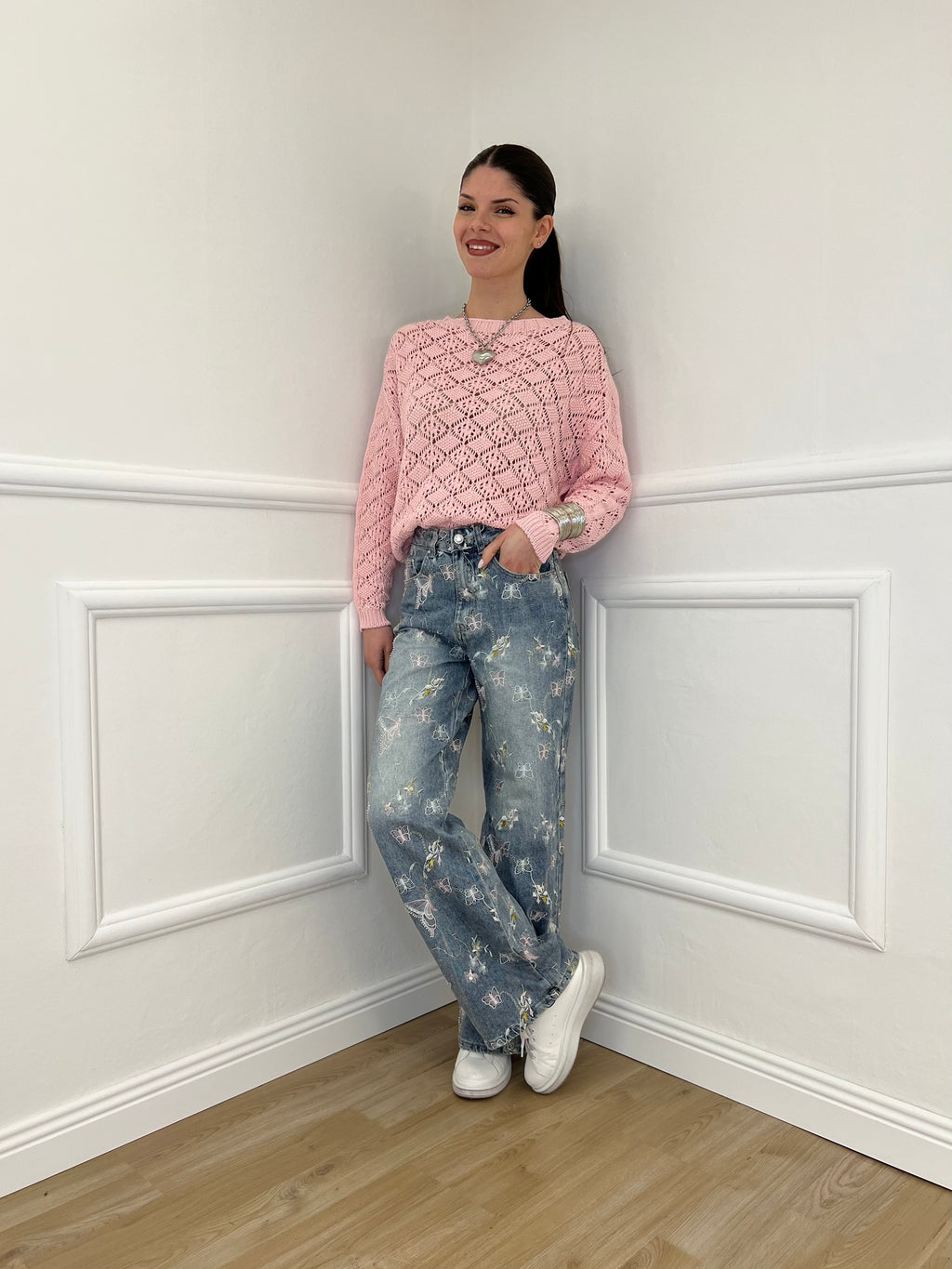 Maglia Jacquard Traforata 82618 Rosa