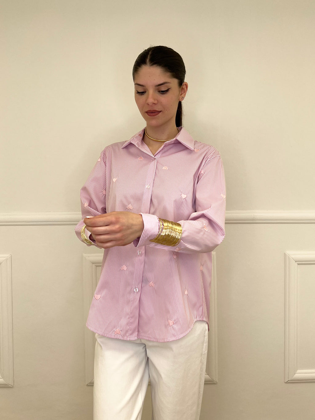 Camicia a Righe Cuori Ricamati 121255 Rosa