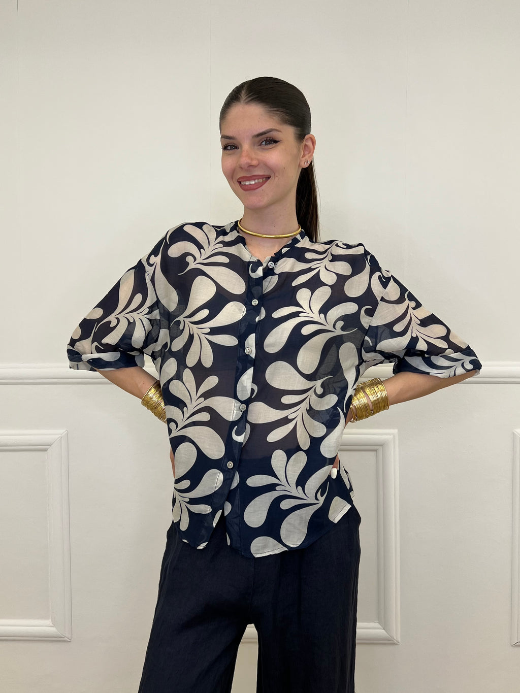 Camicia Fantasia Cotone e Seta 93-242-1 Blu