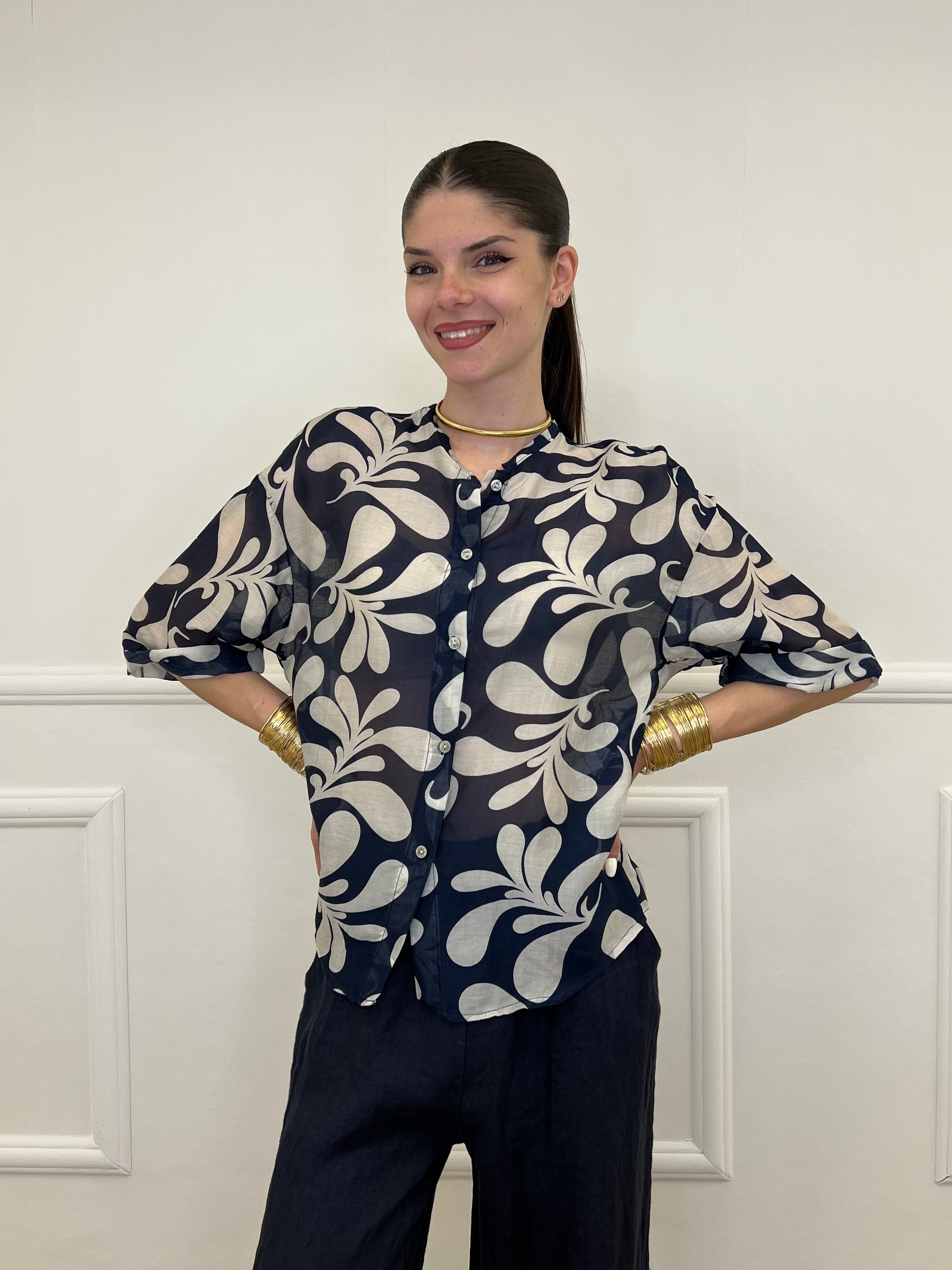 Camicia Fantasia Cotone e Seta 93-242-1 Blu