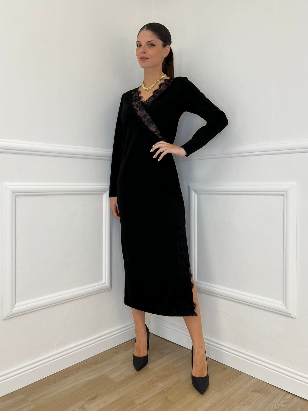 Abito Crepe Pizzo 55743 Nero