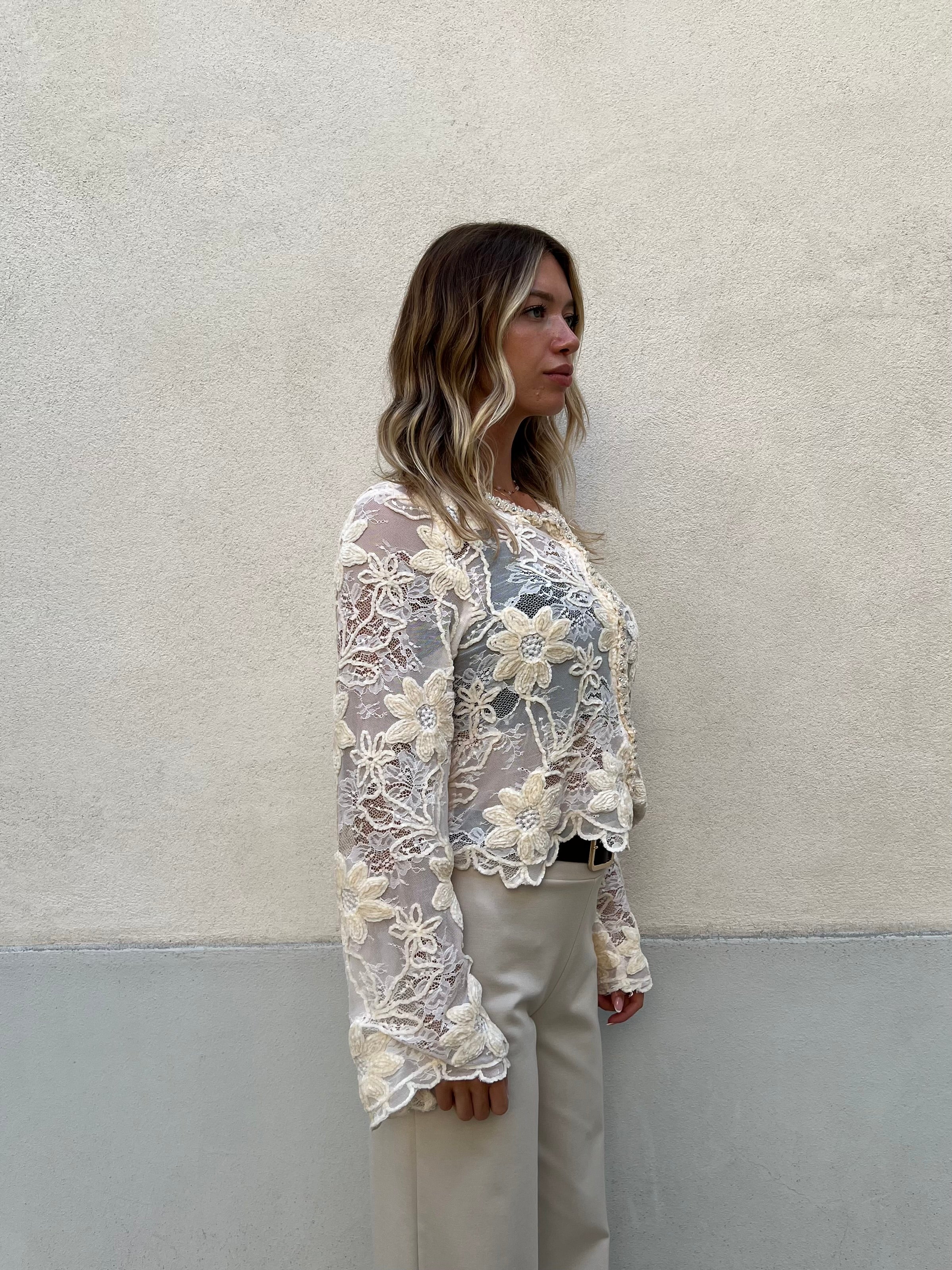 Cardigan Pizzo Ricami e Strass C282 Ecru