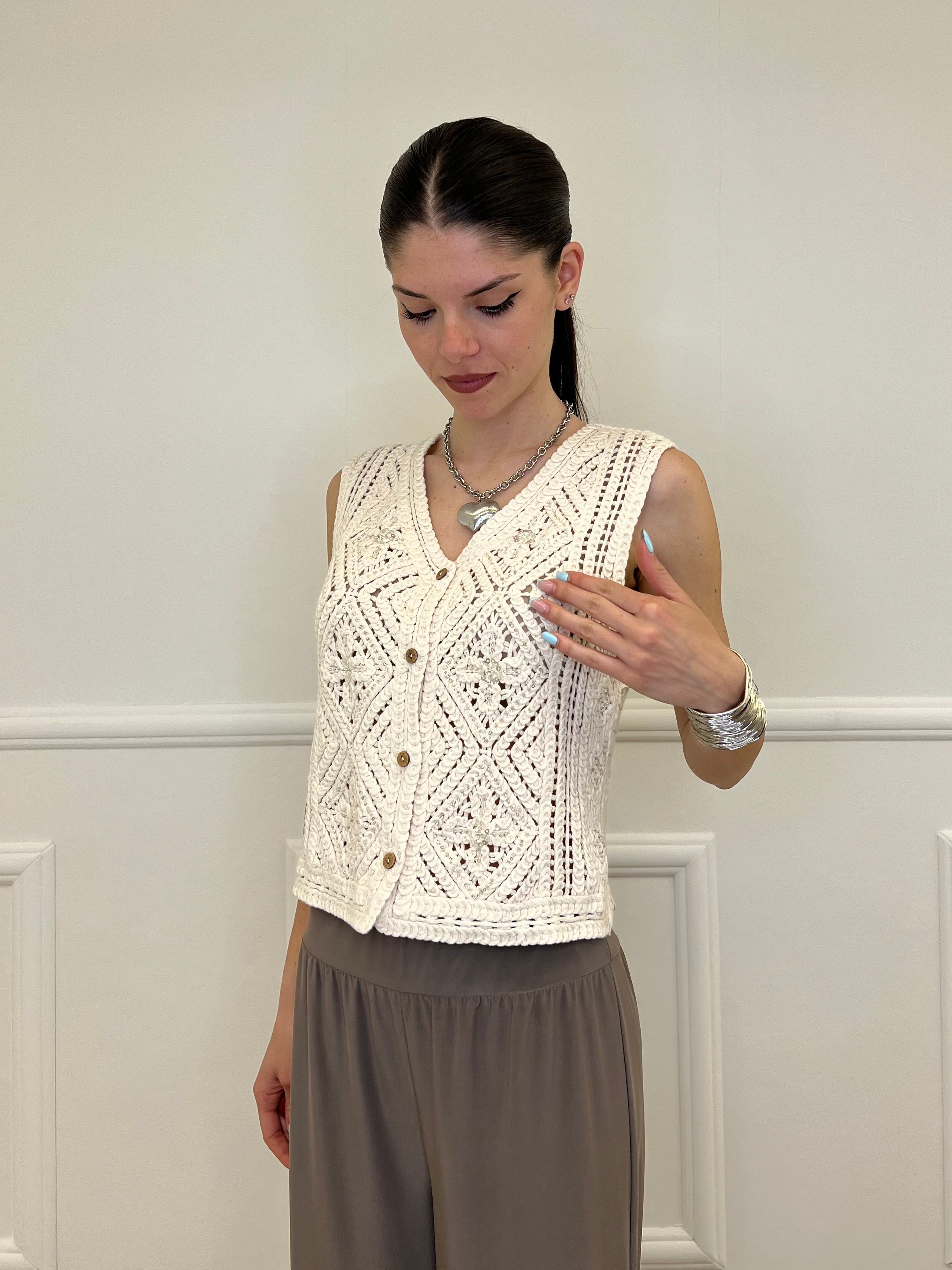 Gilet Traforato Ricami e Paillettes 32550 Ecru