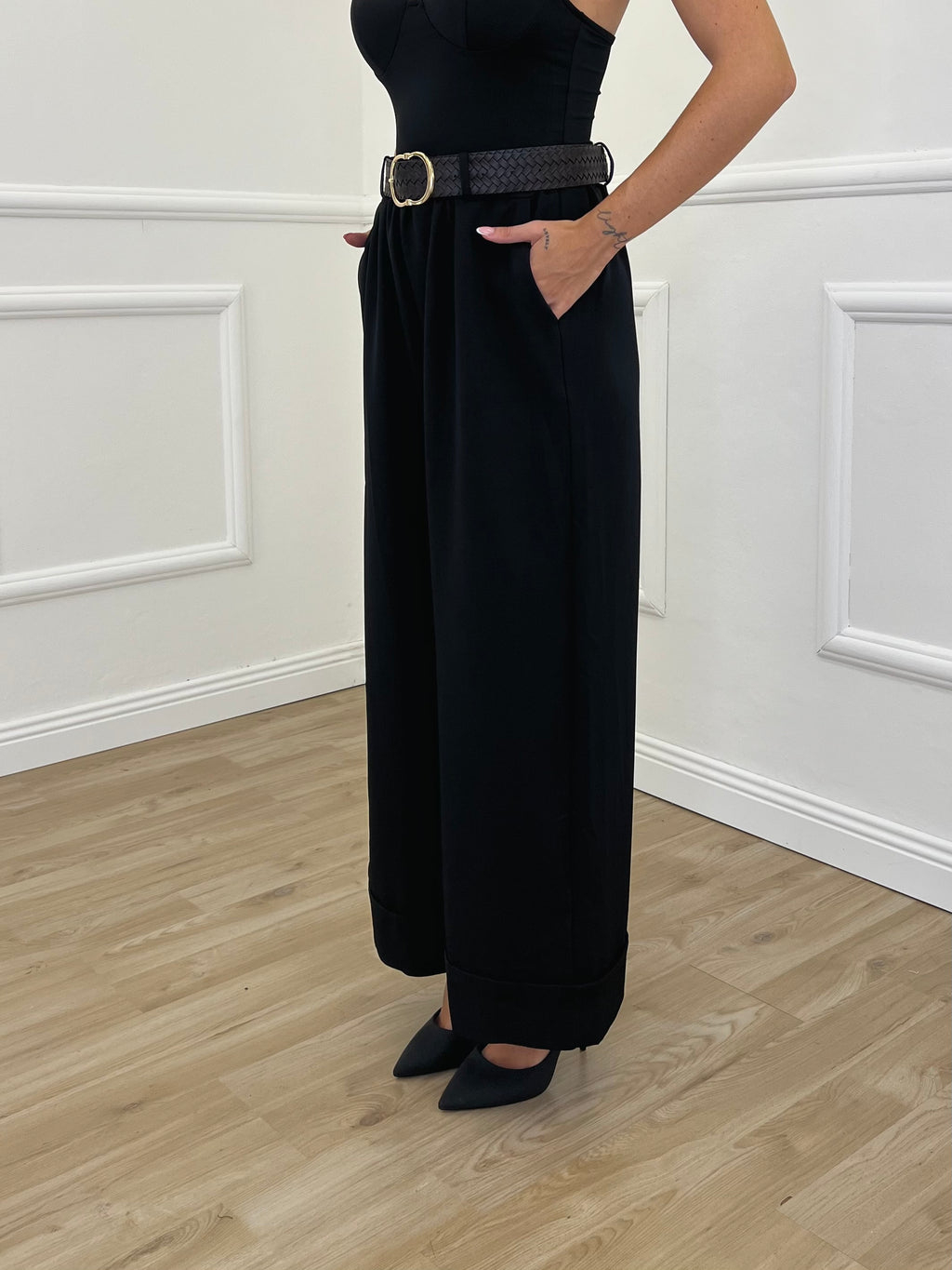 Panta Palazzo Risvolto Gabardine 26521 Nero
