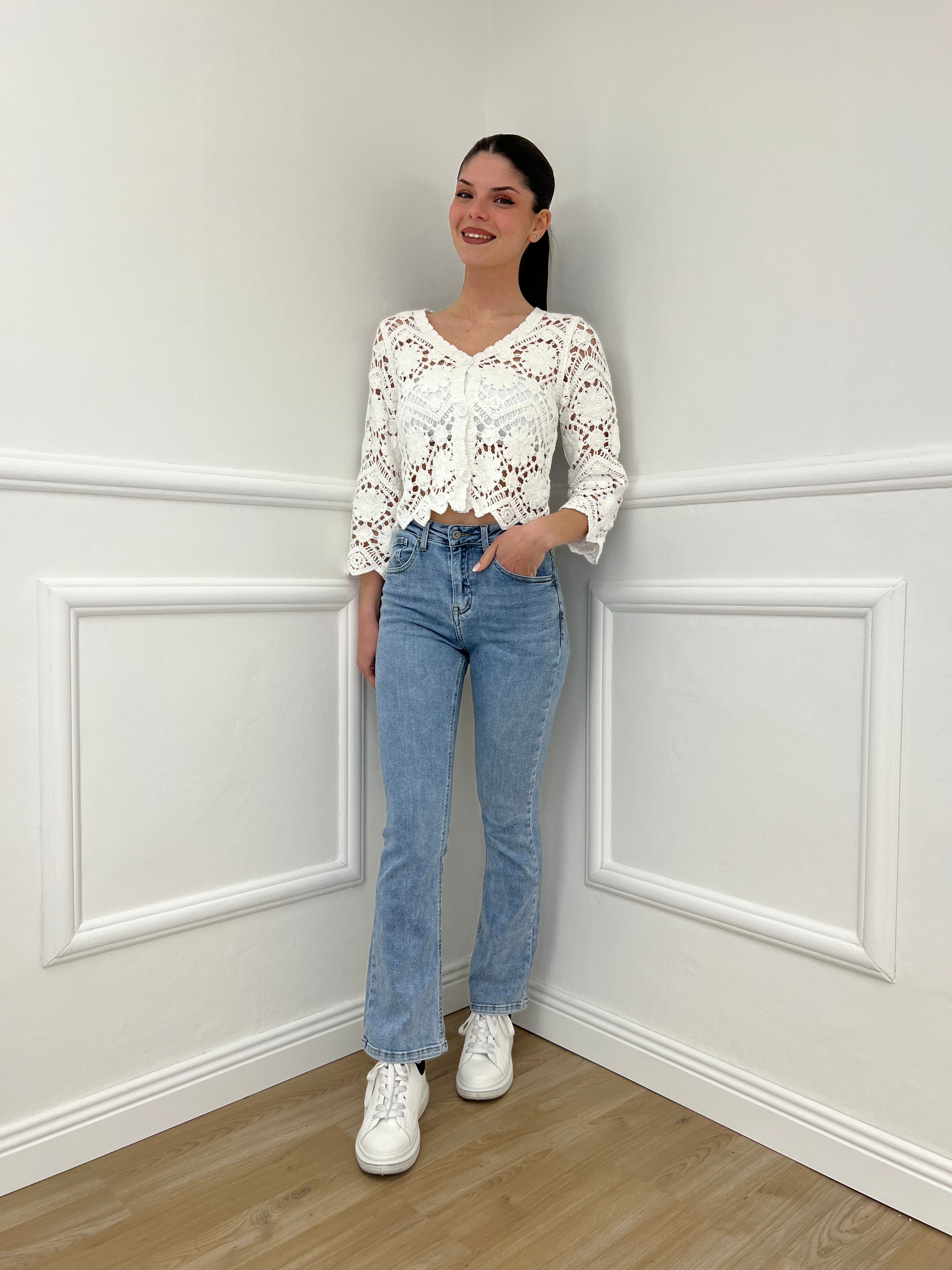 Cardigan Crop Crochet 38018 Bianco - Bazar Abbigliamento