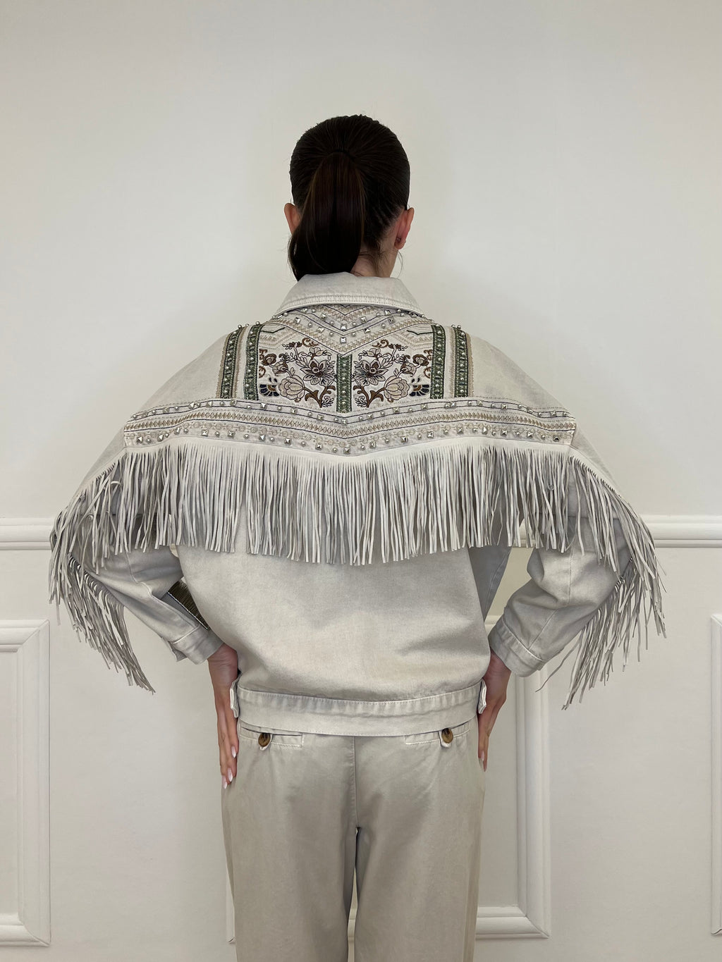 Giacca Denim con Frange e Ricami 9597 Beige