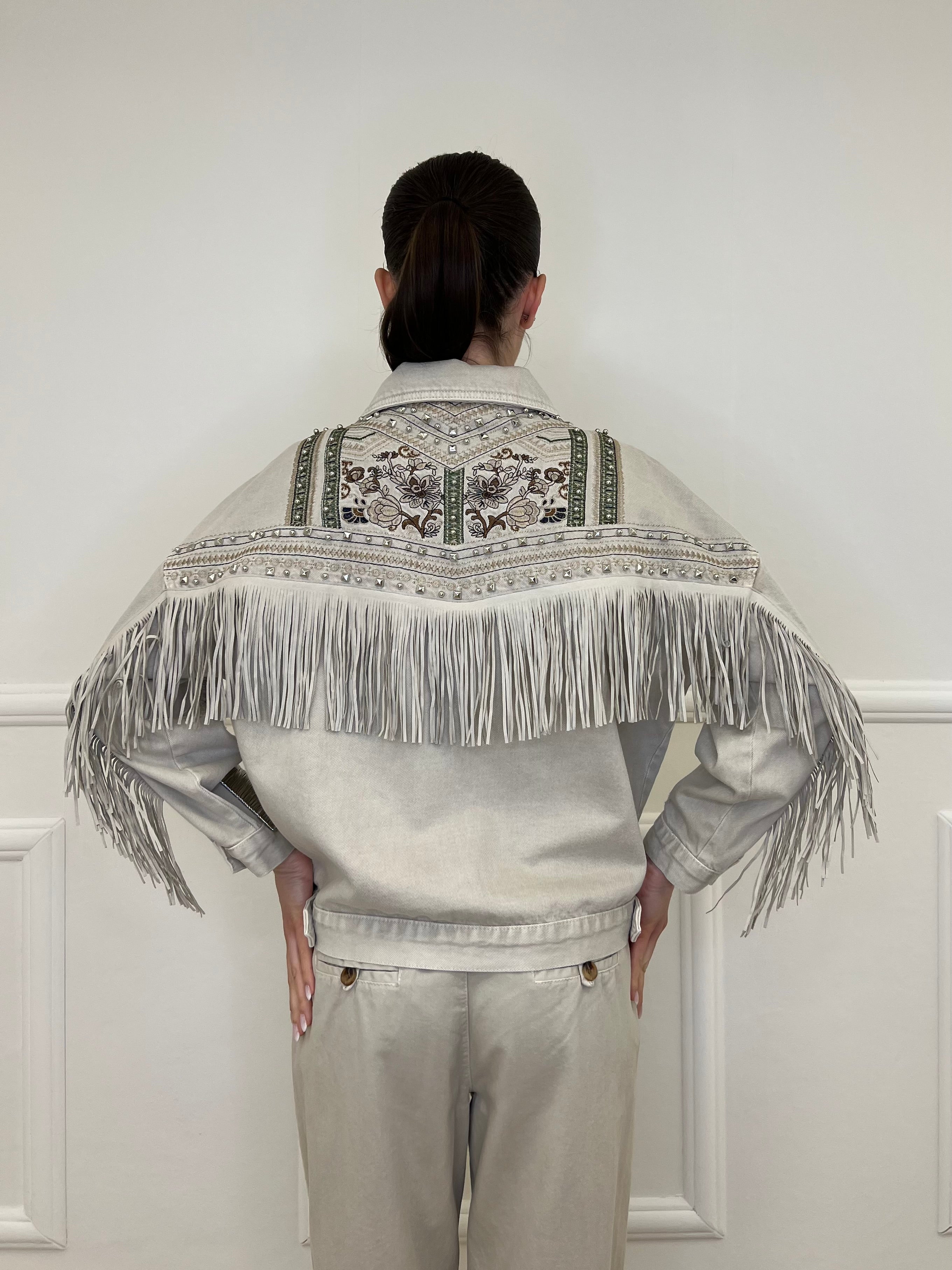 Giacca Denim con Frange e Ricami 9597 Beige
