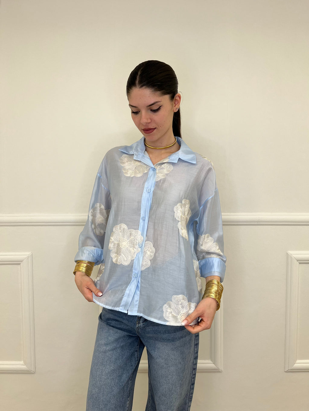 Camicia Tencel Ricami 7357 Azzurro