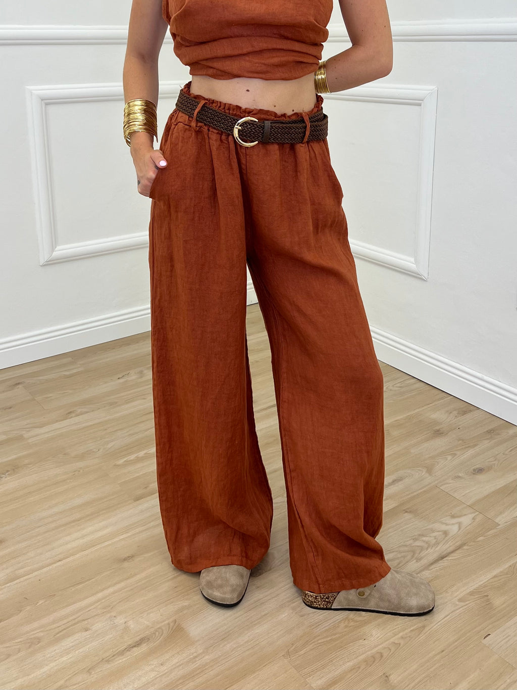 Pantalone Lino Cintura 02630 Mattone