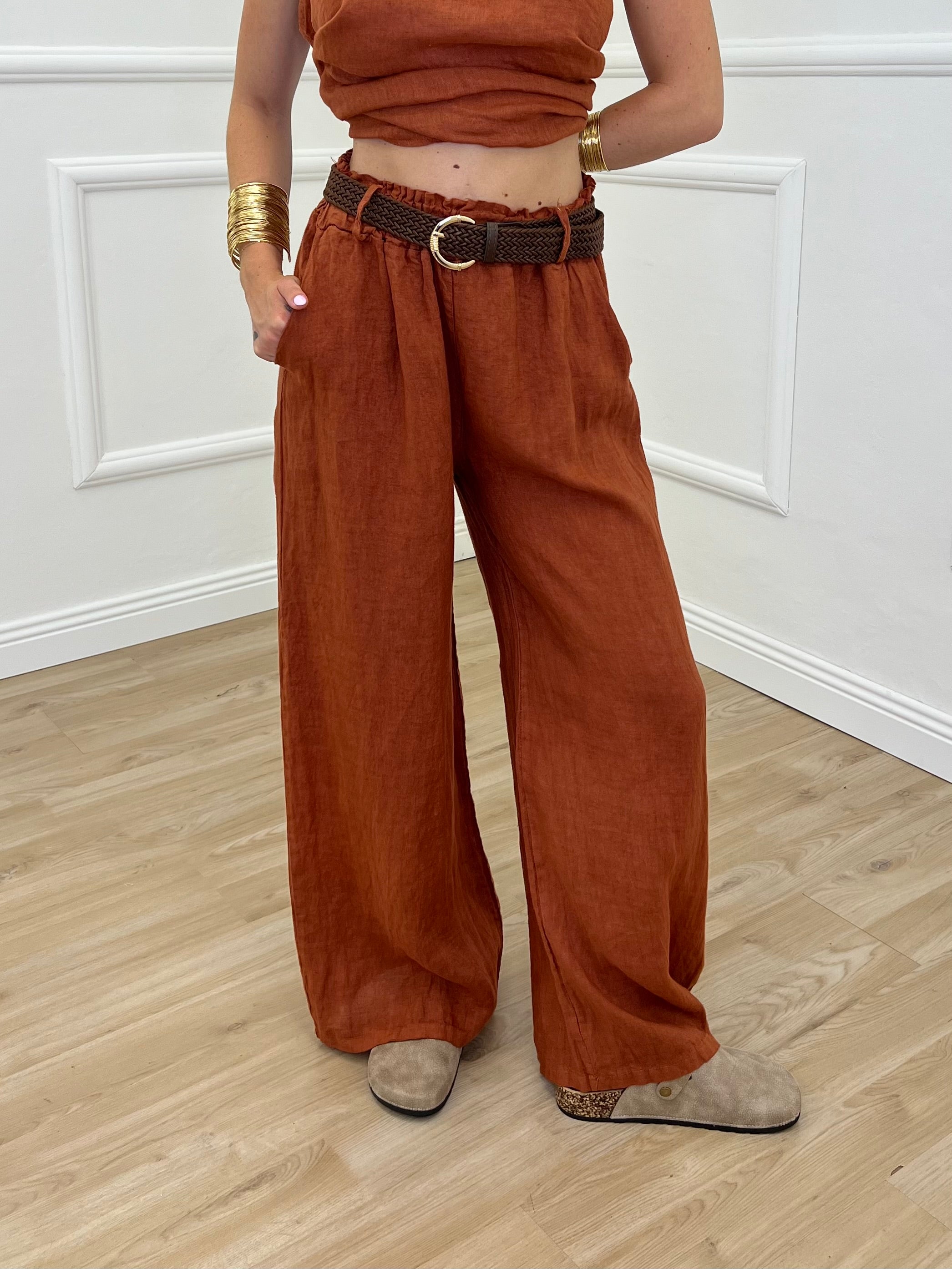 Pantalone Lino Cintura 02630 Mattone