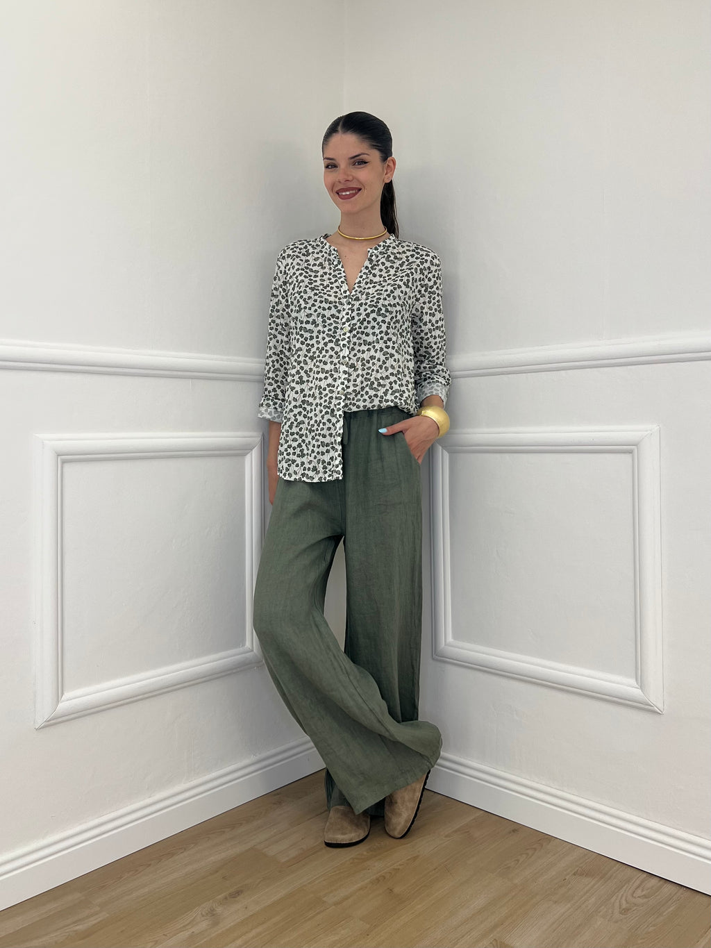 Pantalone Lino Coulisse 23216 Verde