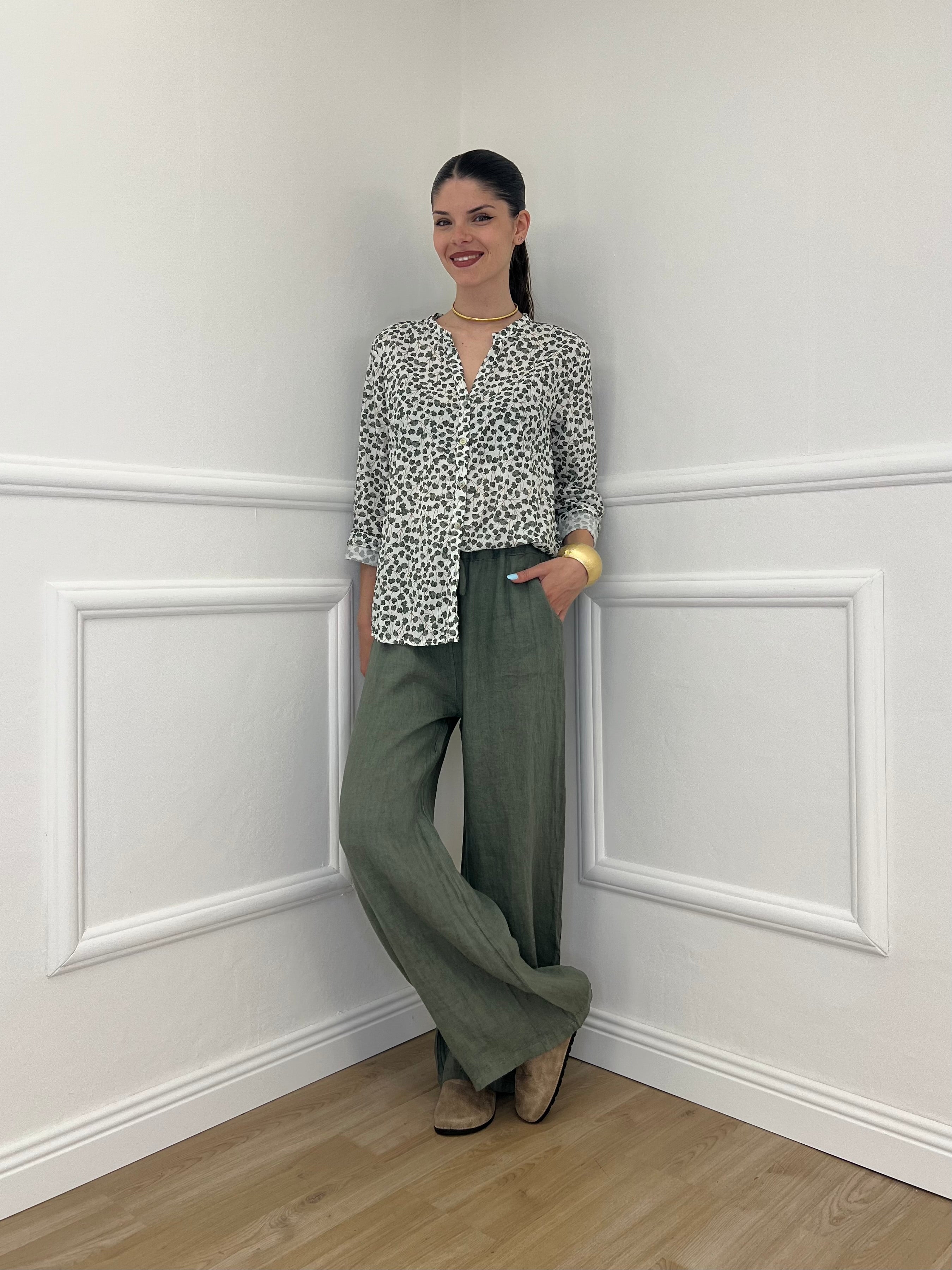 Pantalone Lino Coulisse 23216 Verde