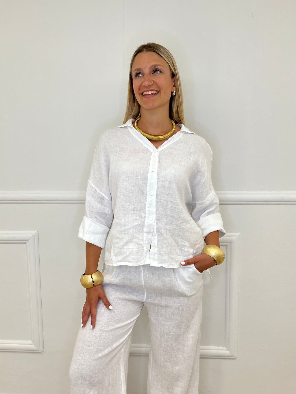 Camicia Scatoletta Lino 89303 Bianco