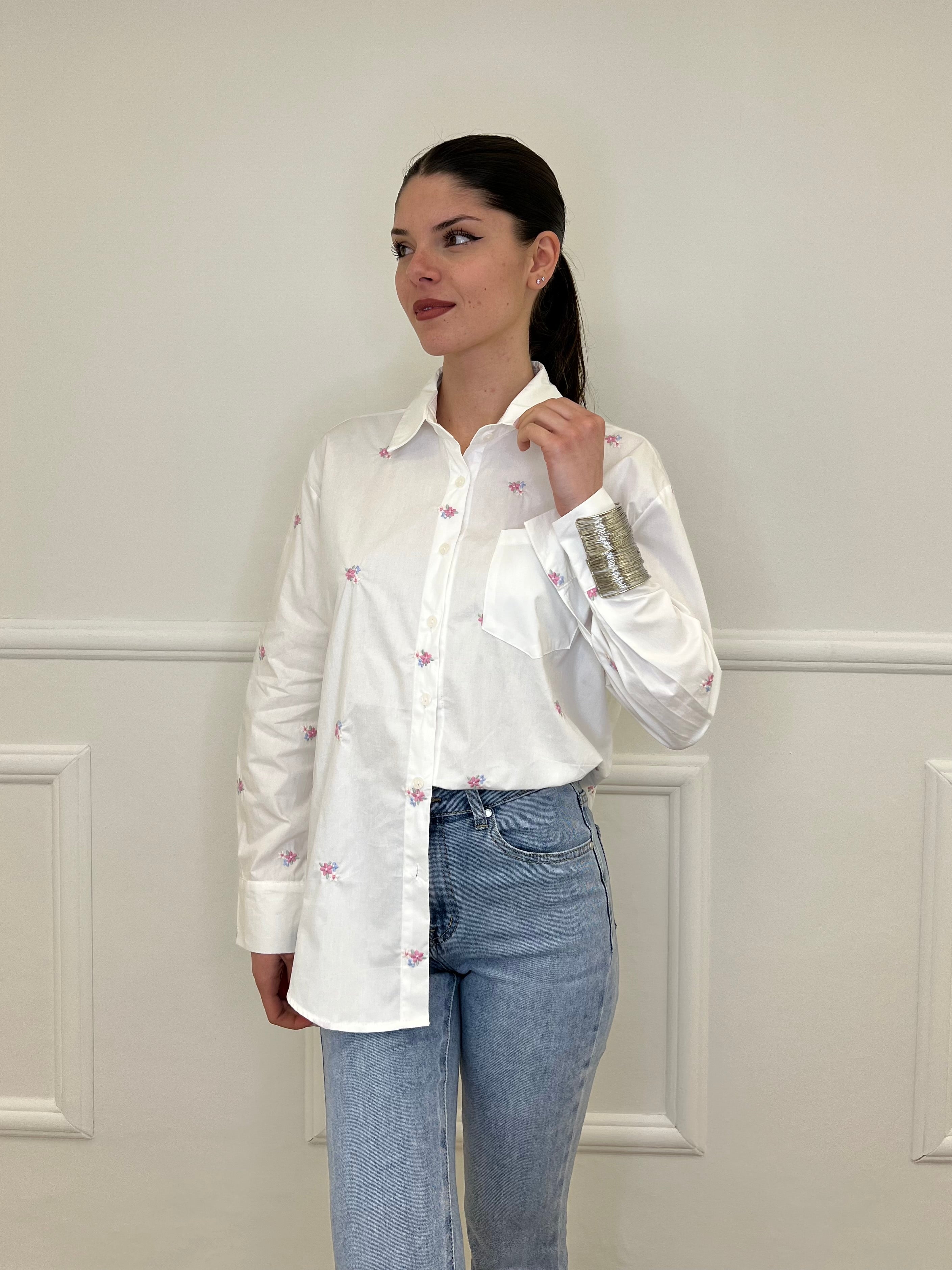 Camicia Ricami Fiori 17195 Bianco
