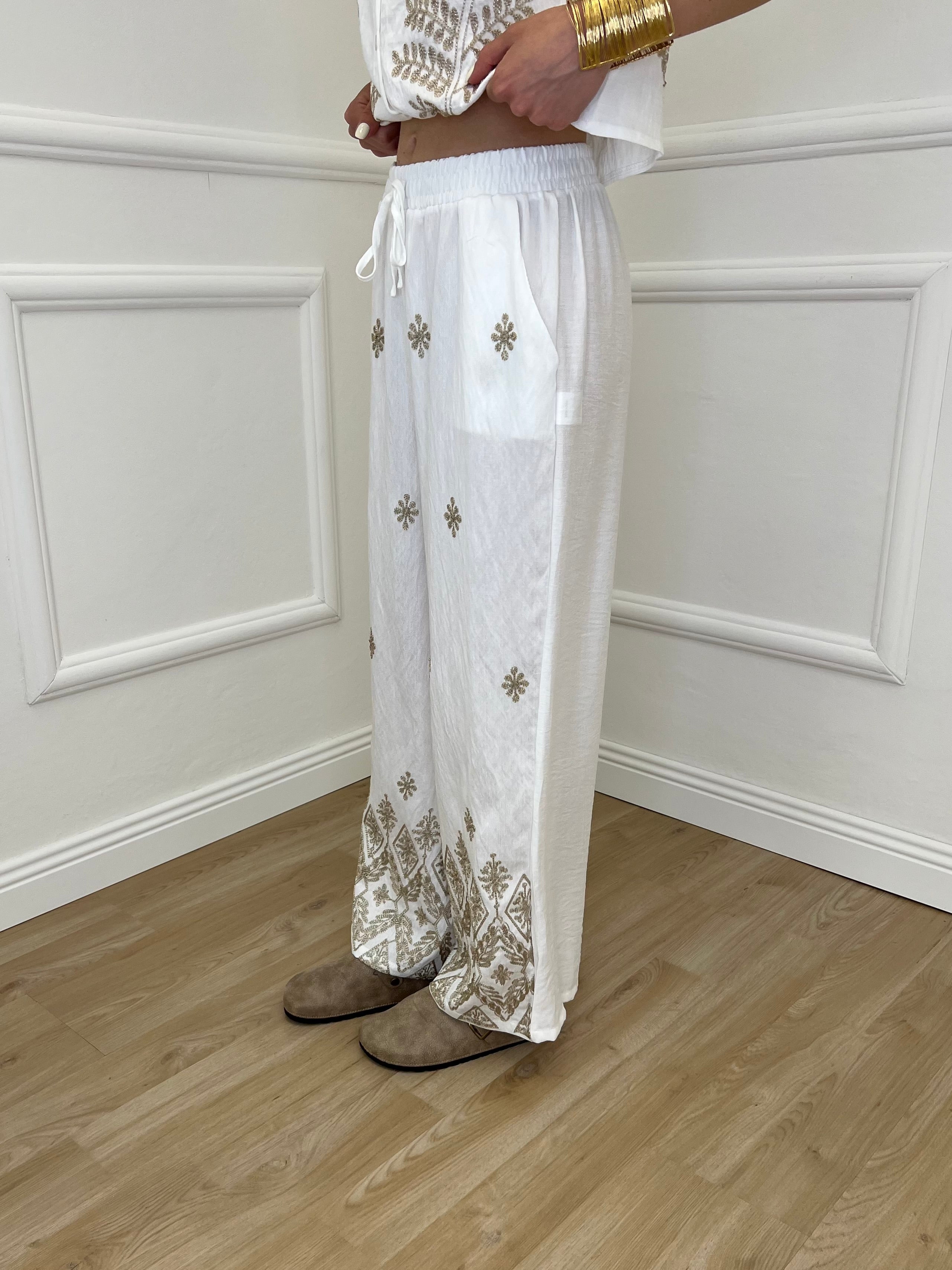 Pantalone Ricami Lurex Z18127 Bianco