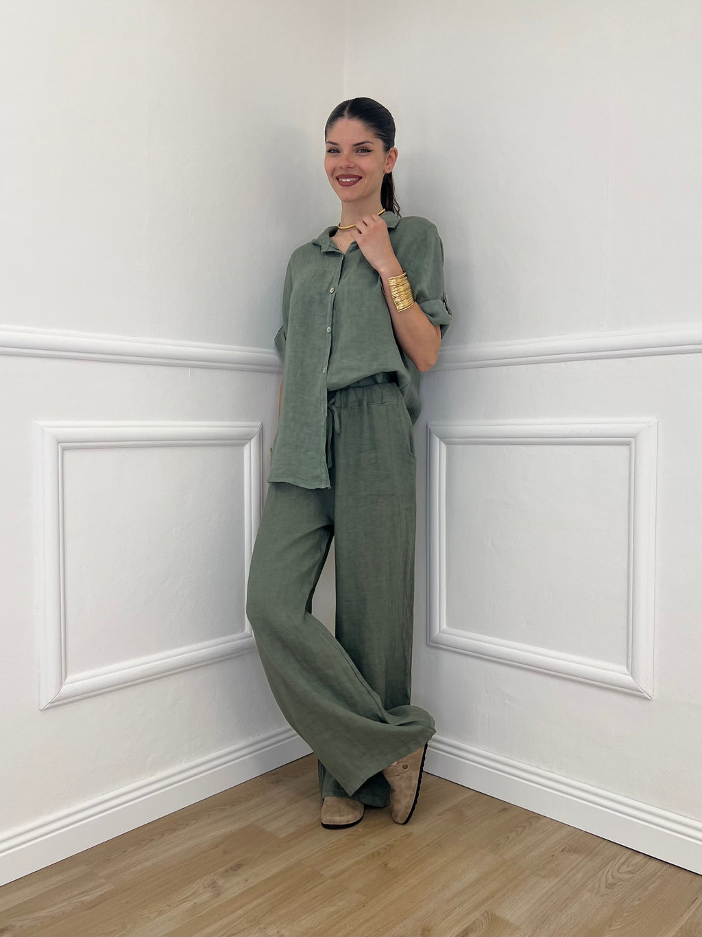 Pantalone Lino Coulisse 23216 Verde