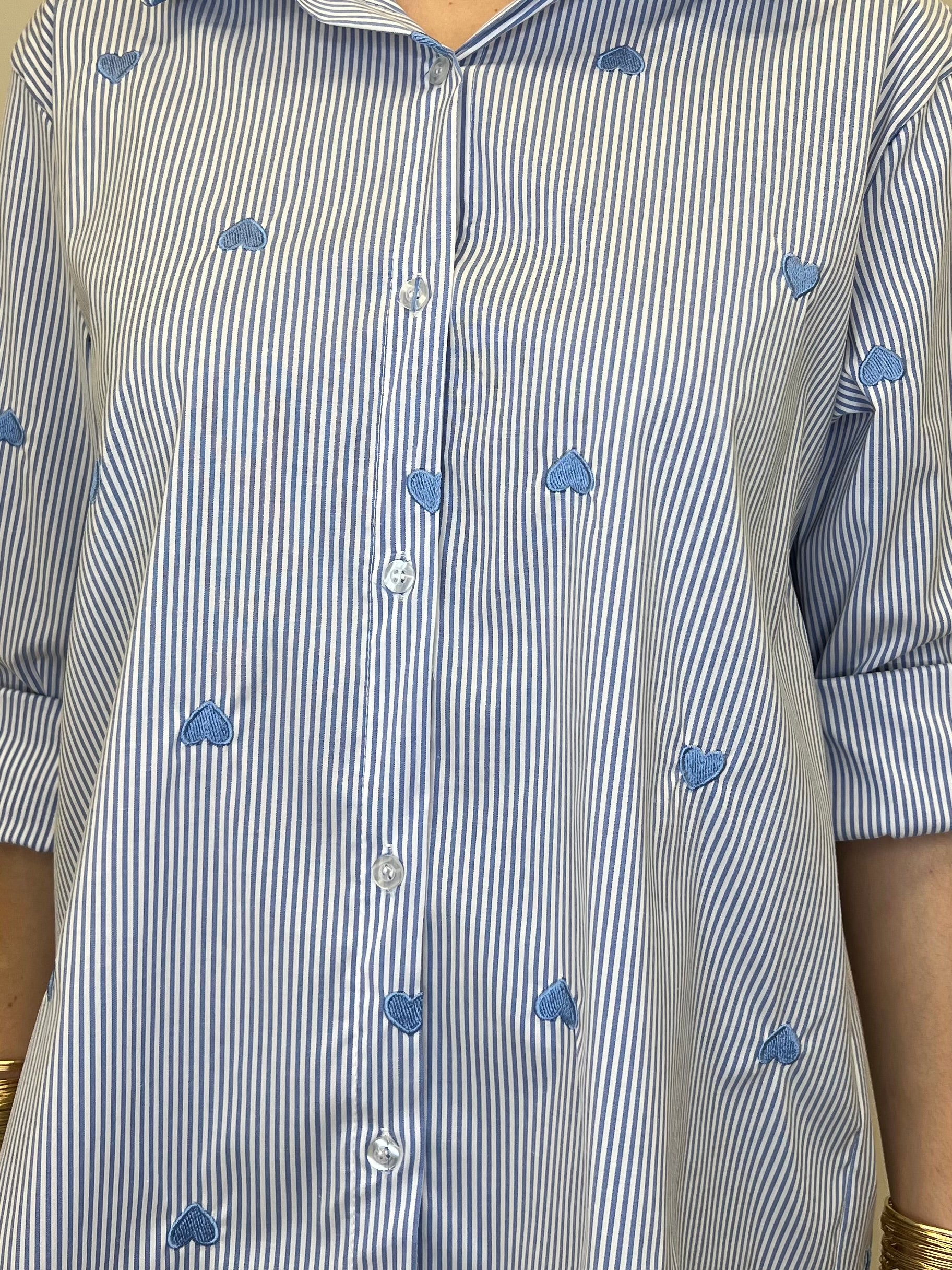 Camicia a Righe Cuori Ricamati 121255 Azzurro