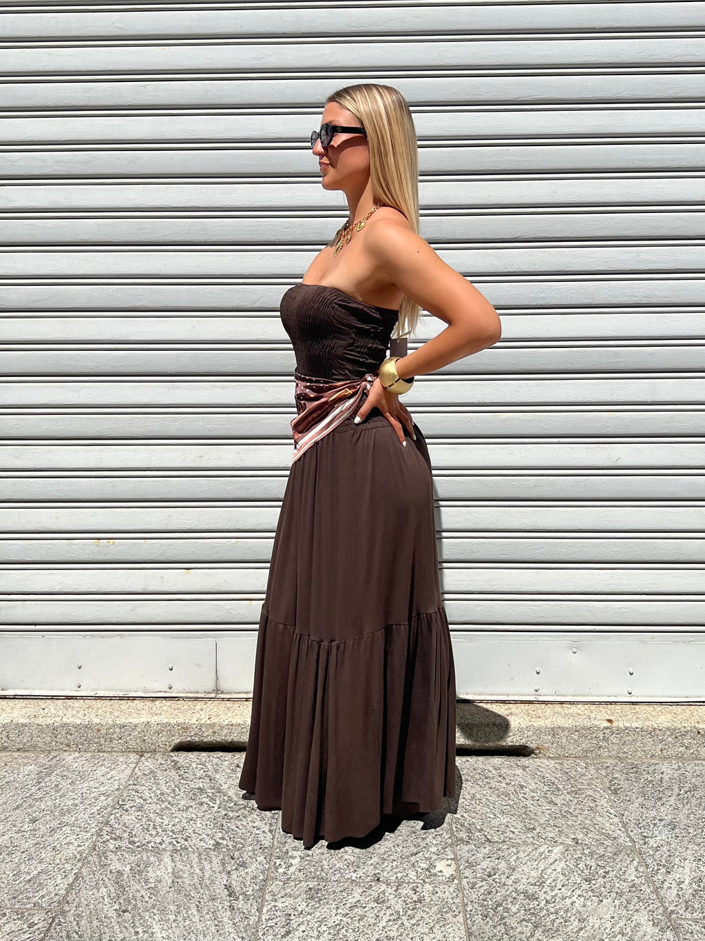 Abito Fascia Jersey Con Foulard 22556 Marrone