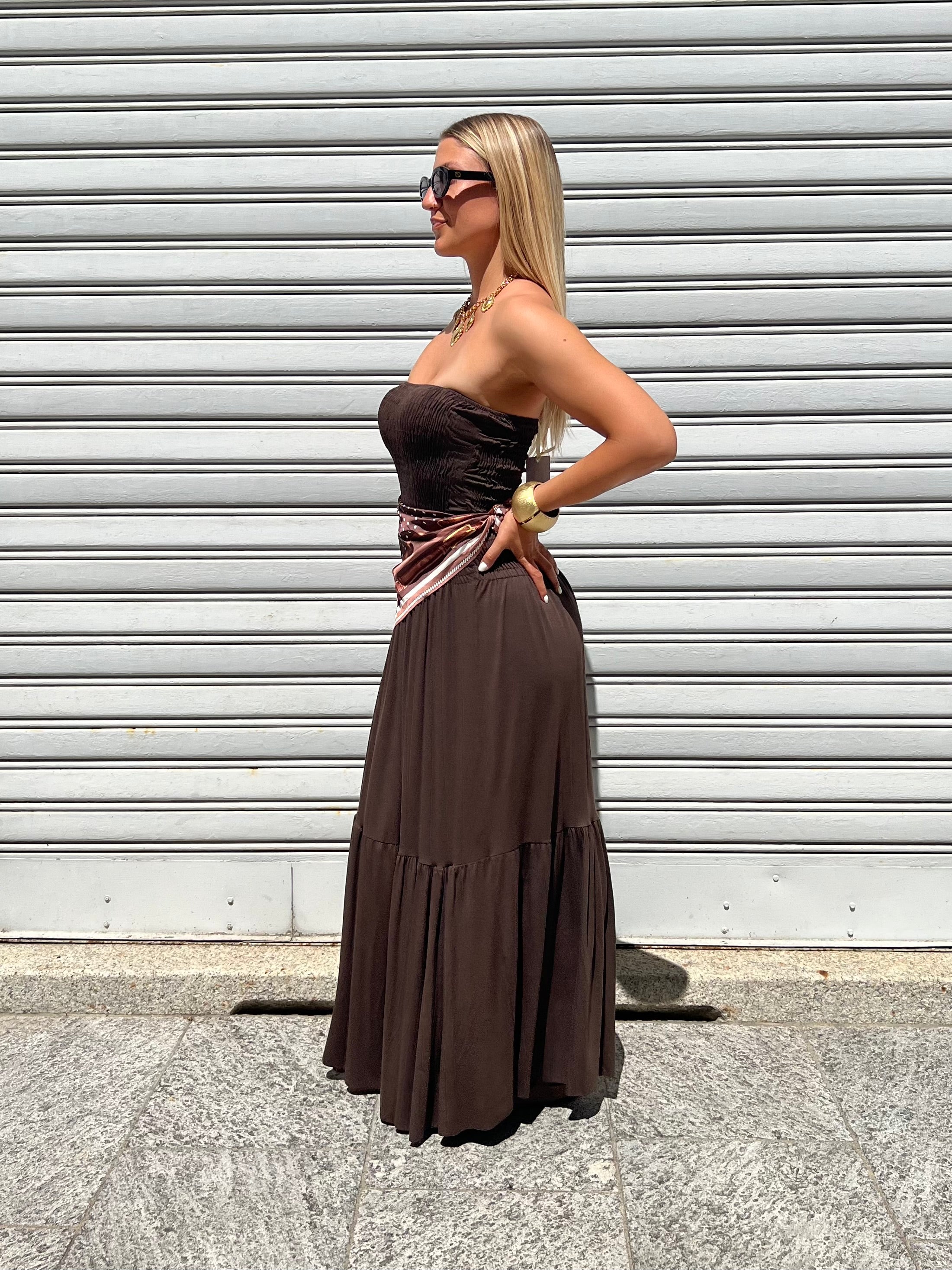 Abito Fascia Jersey Con Foulard 22556 Marrone