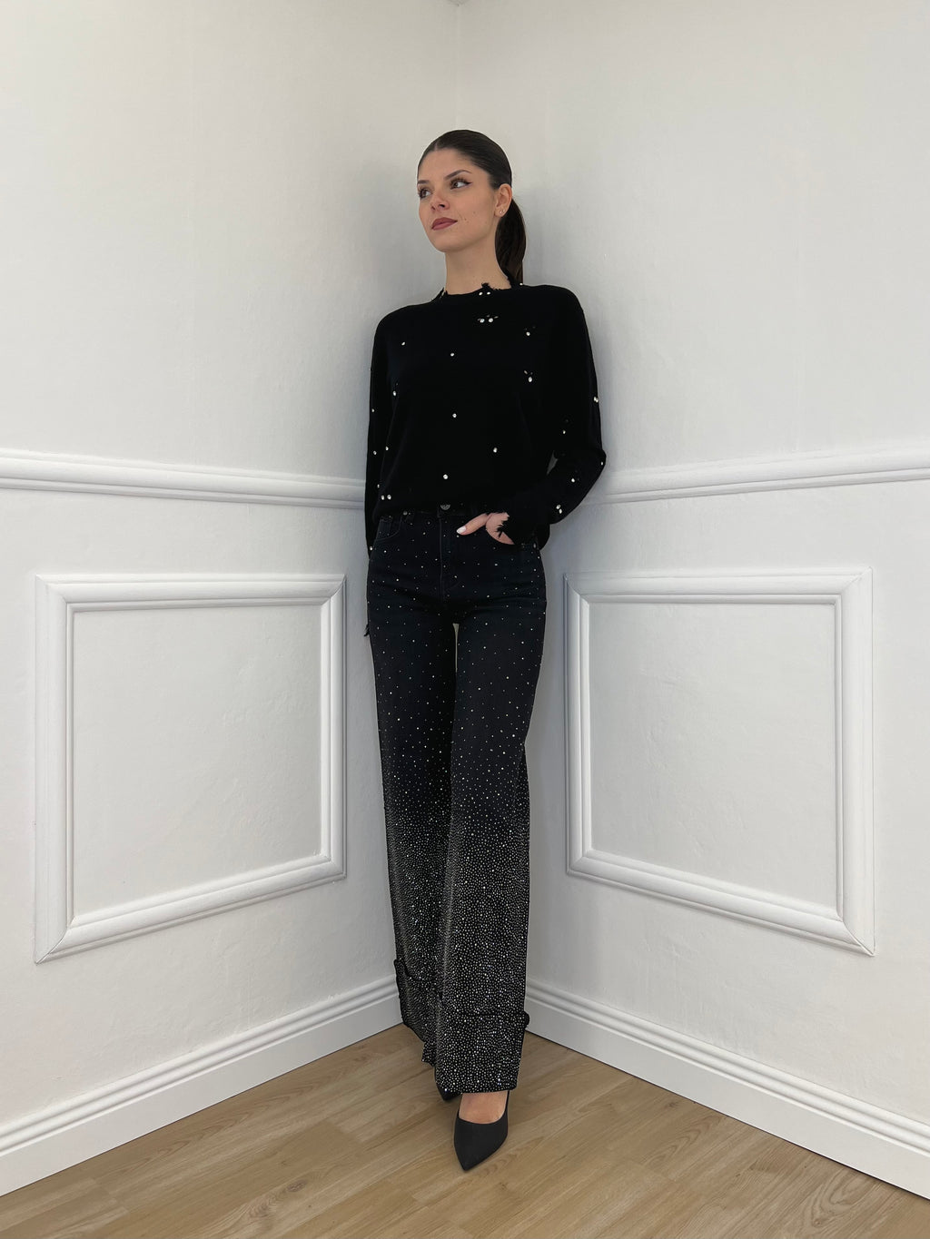 Jeans Strass con Risvolto 2382 Nero