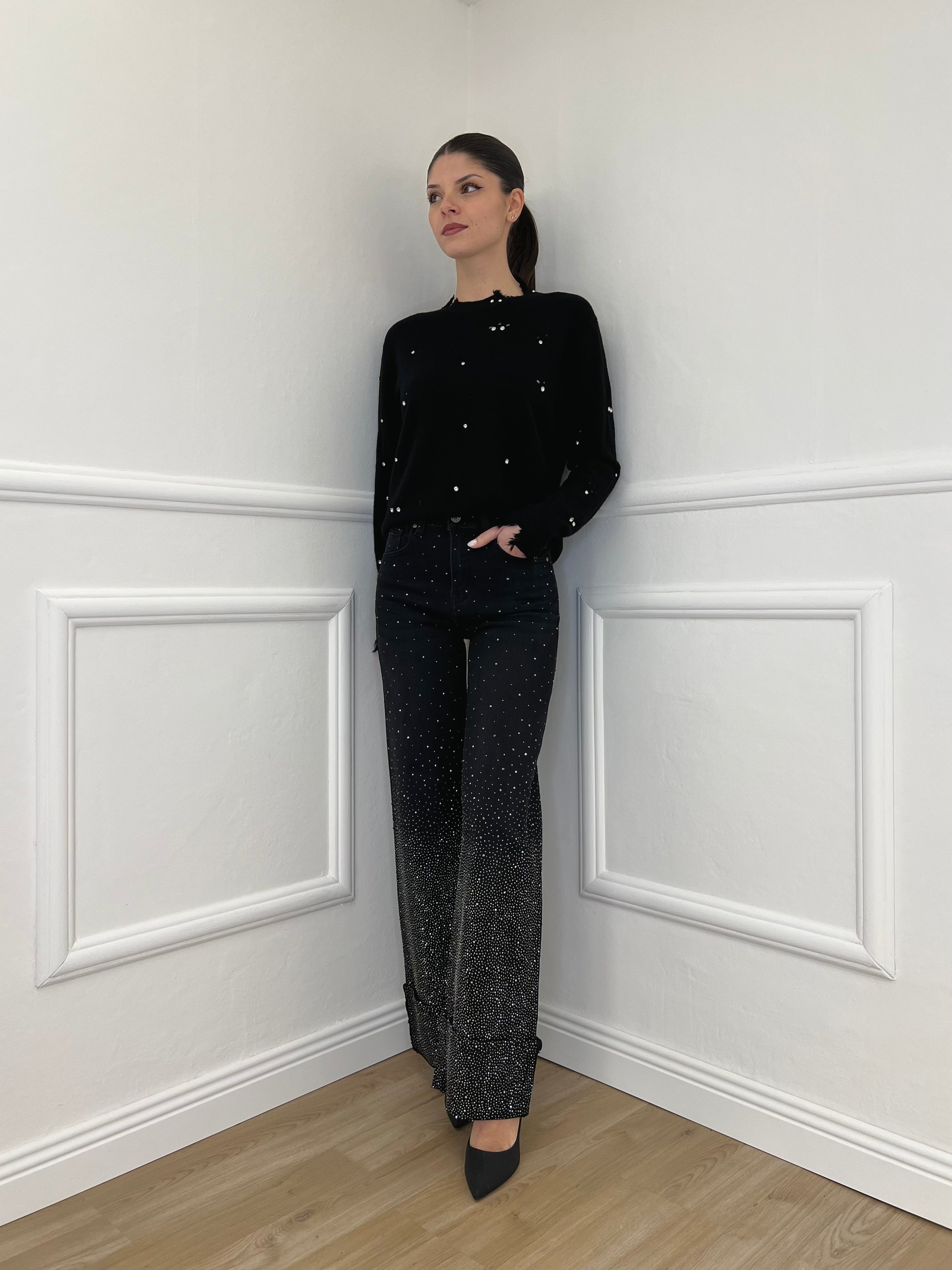 Jeans Strass con Risvolto 2382 Nero