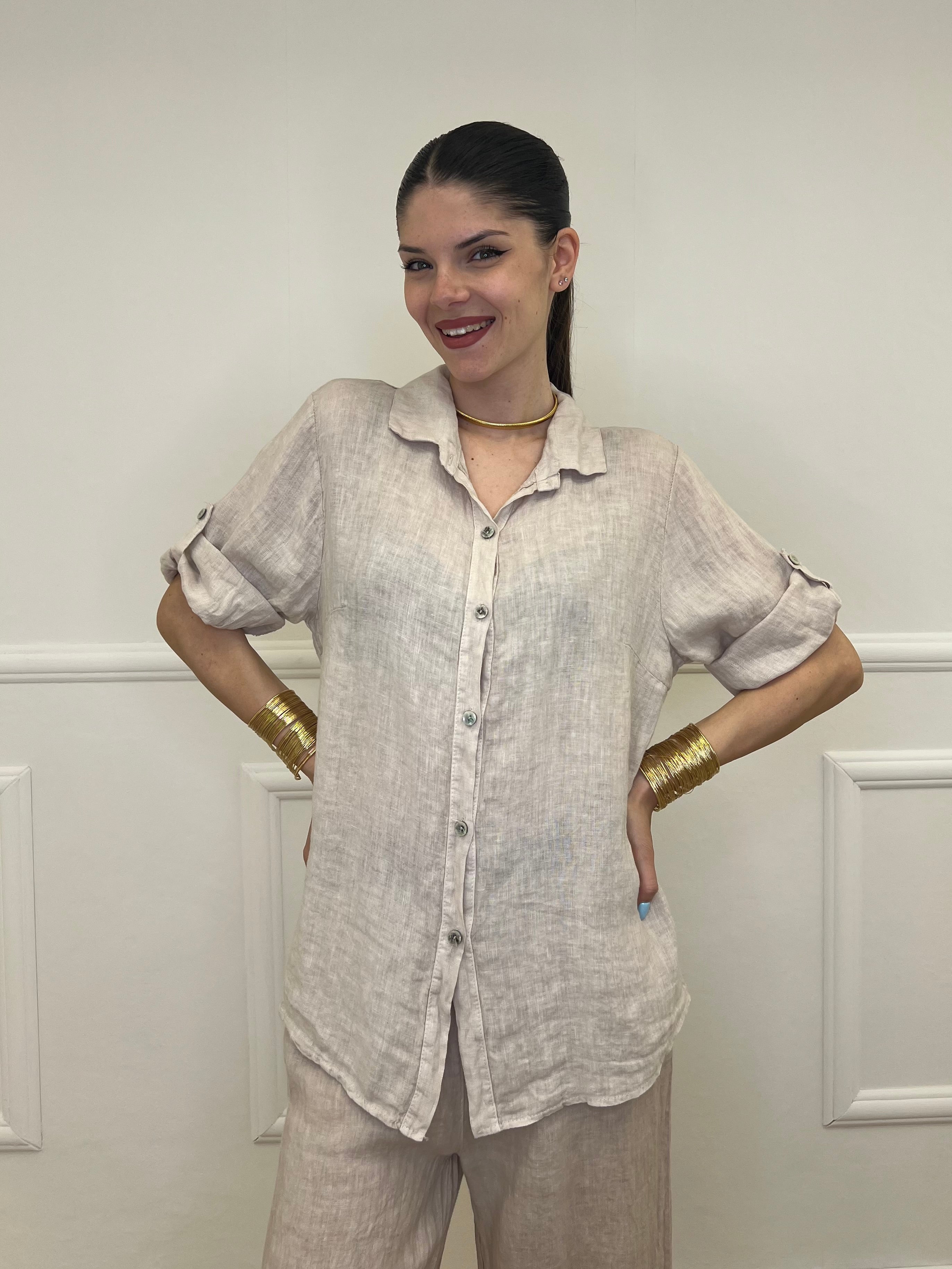 Camicia Maniche 3/4 in Lino 89517 Beige