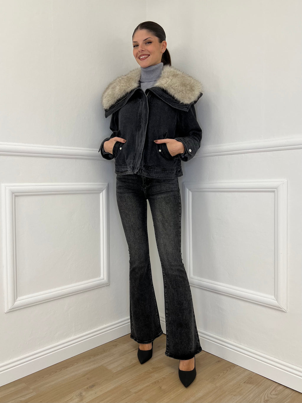 Fur Denim Jacket DL30037 Grey