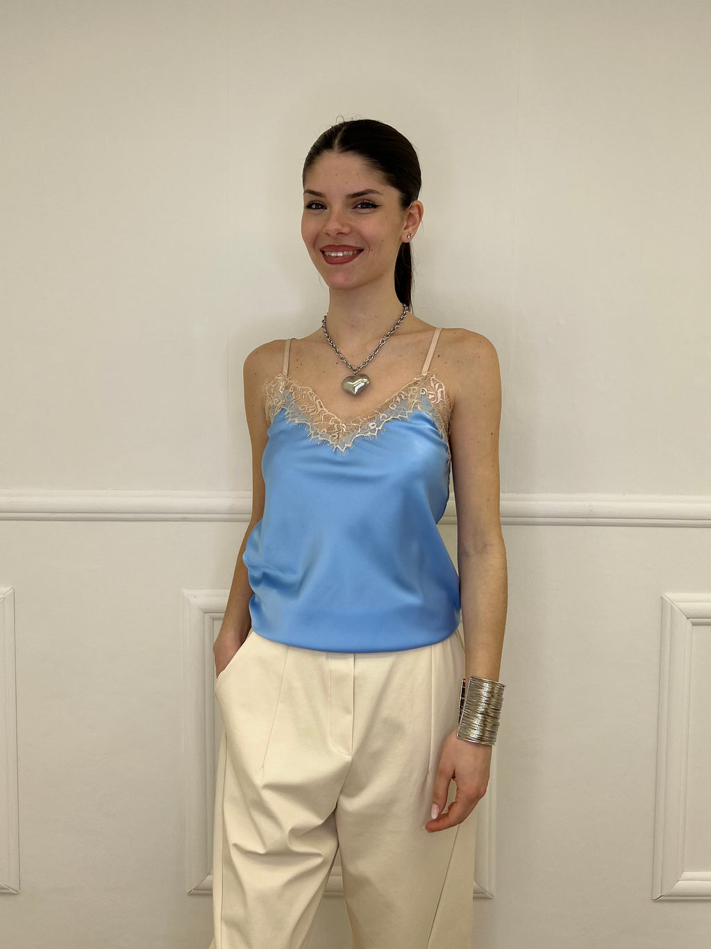 Top In Satin Con Pizzo 18673 Azzurro