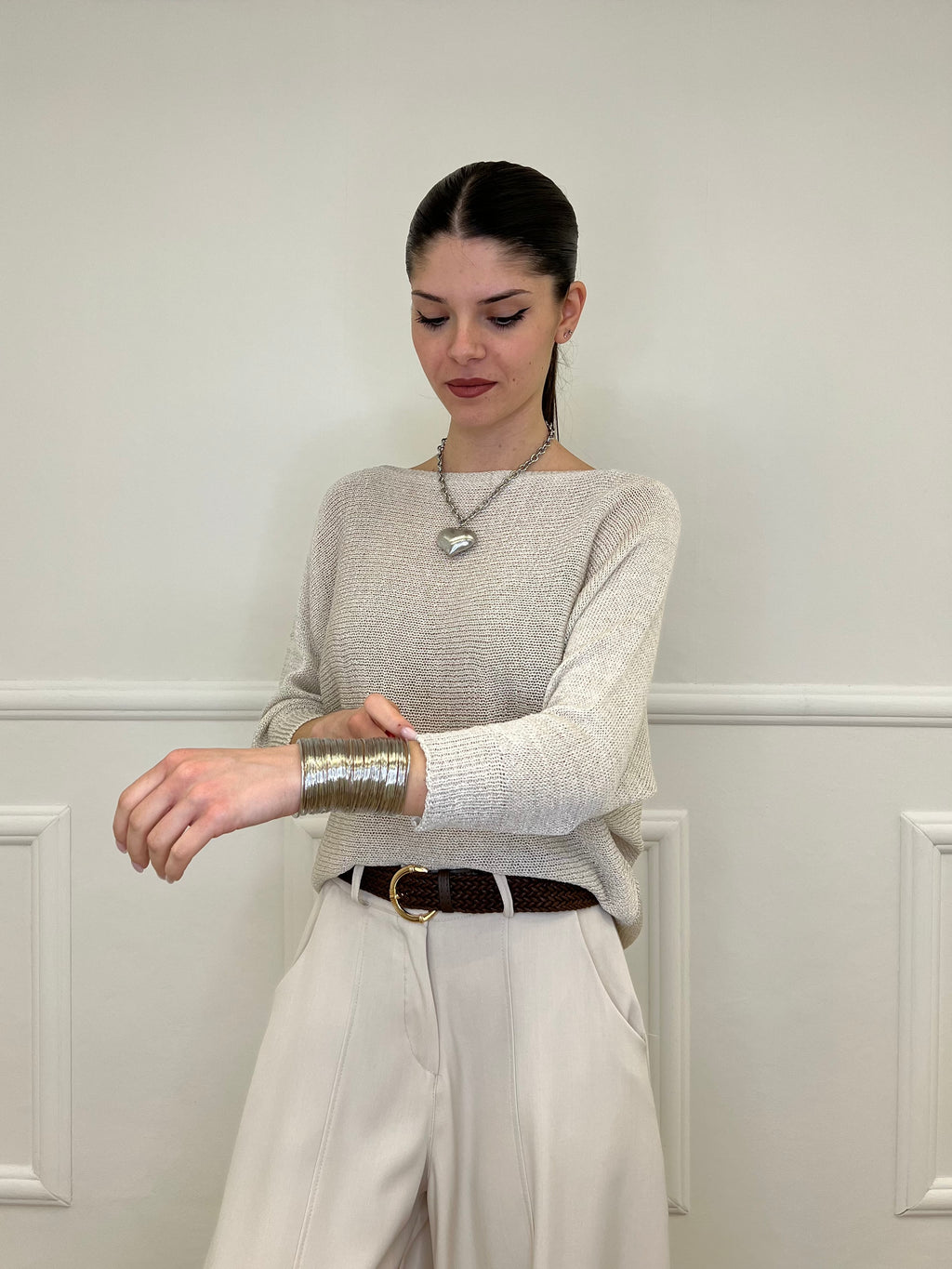 Maglia Lurex Scollo Goccia 645 Ecru