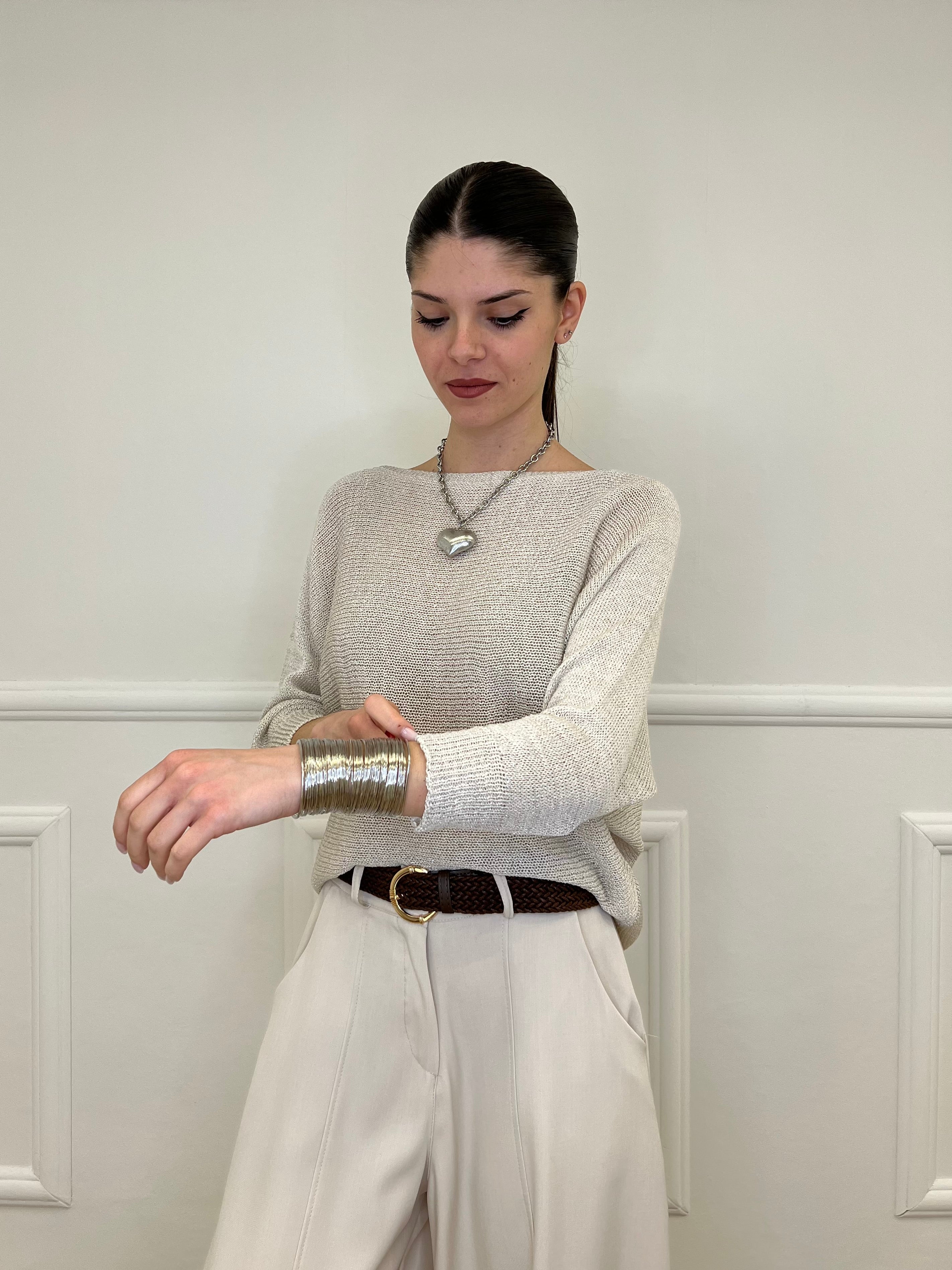 Maglia Lurex Scollo Goccia 645 Ecru