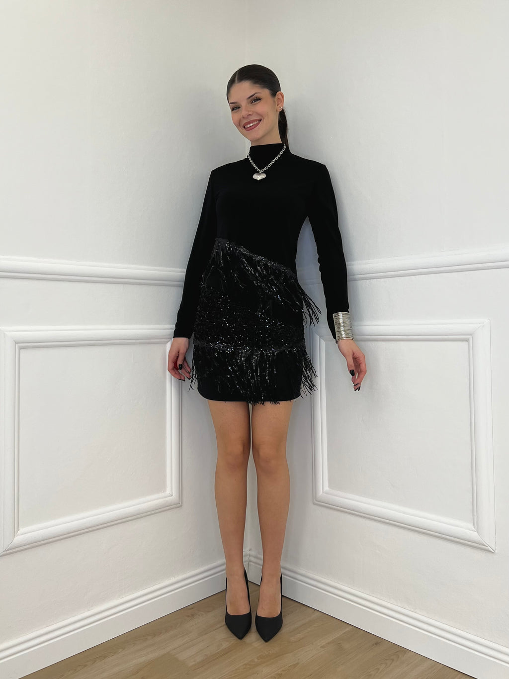 Maglia Frange Paillettes 55867 Nero