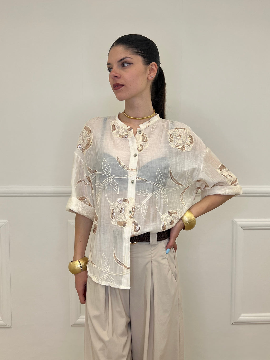Camicia Strop Ricami e Paillettes 93-A03 Ecru