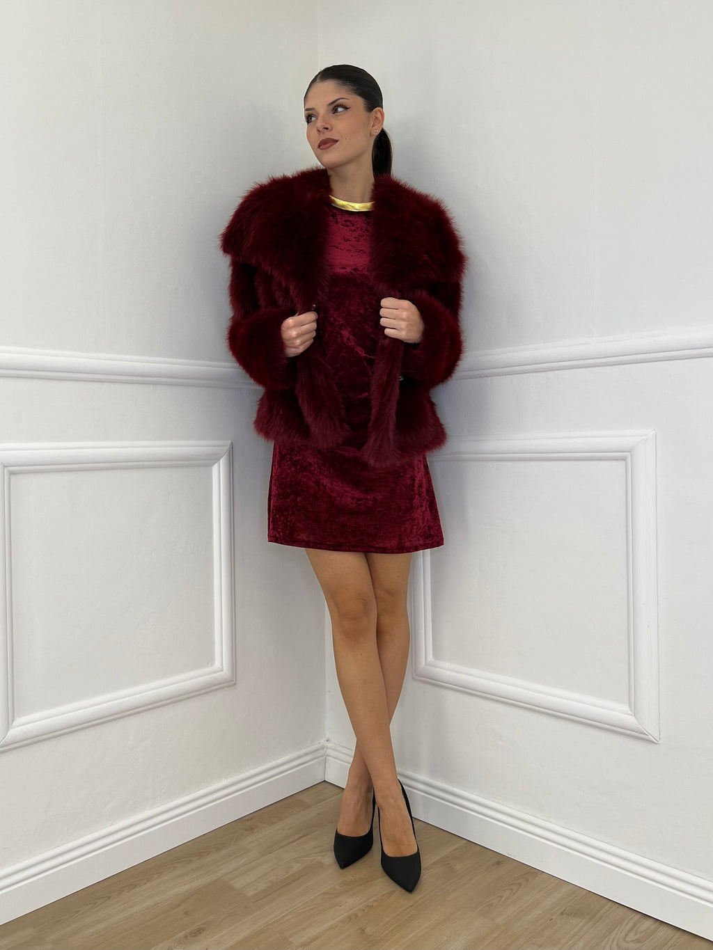 Double-Breasted Fur Coat Y0238 Bordeaux