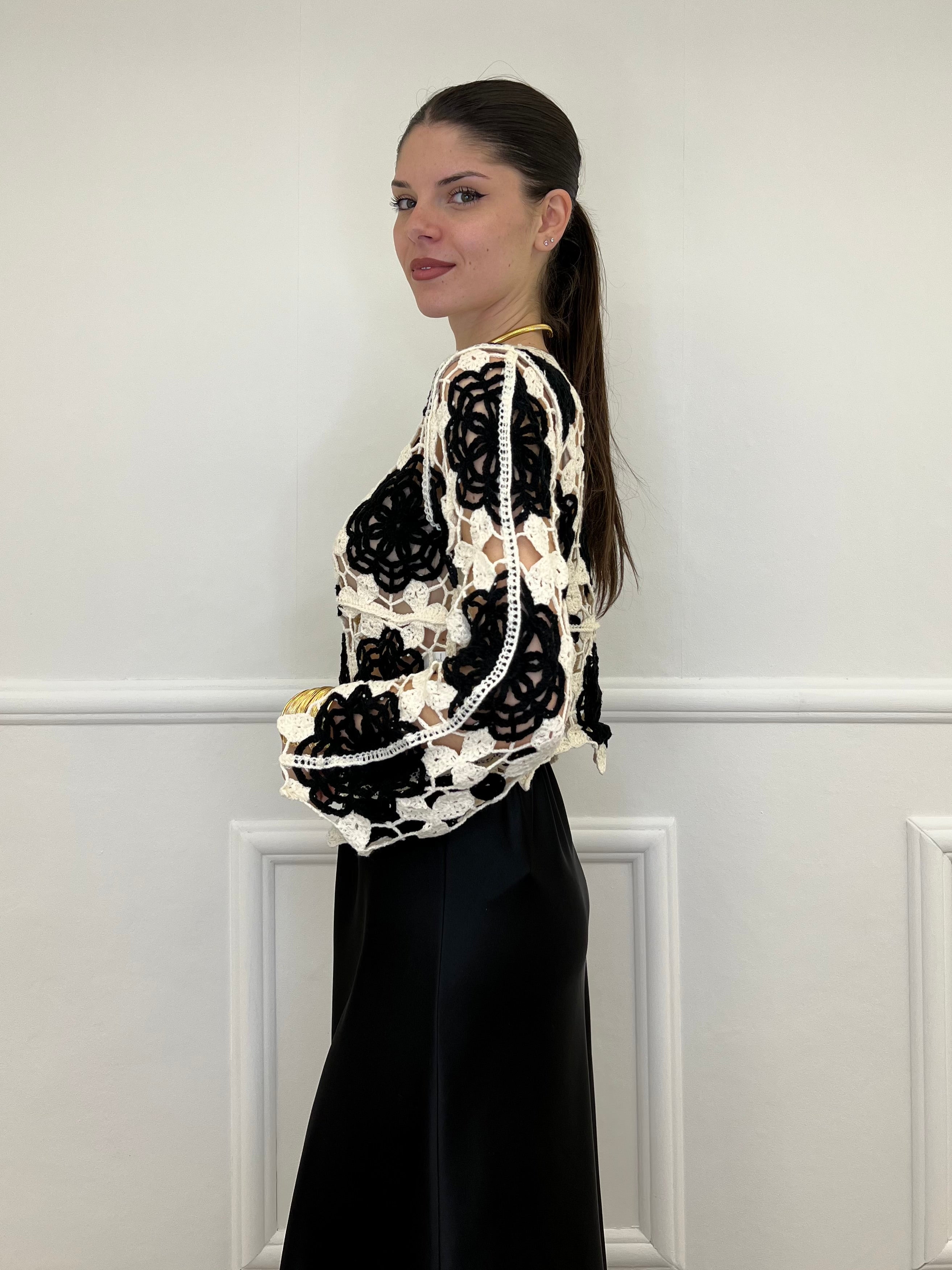 Maglia Macramè Crop Bicolor 48015 Nero
