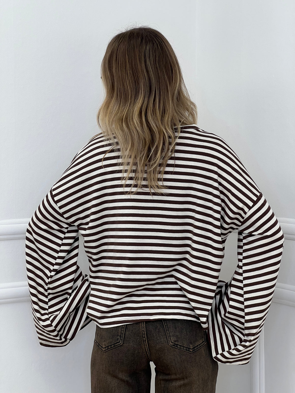 T-shirt Righe Maniche Ampie BM270 Panna e Marrone