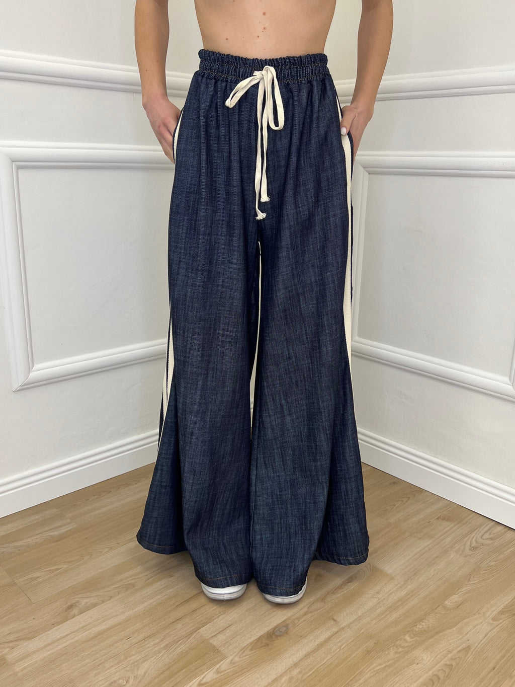 Pantalone Chambray Coulisse A7809 Blu