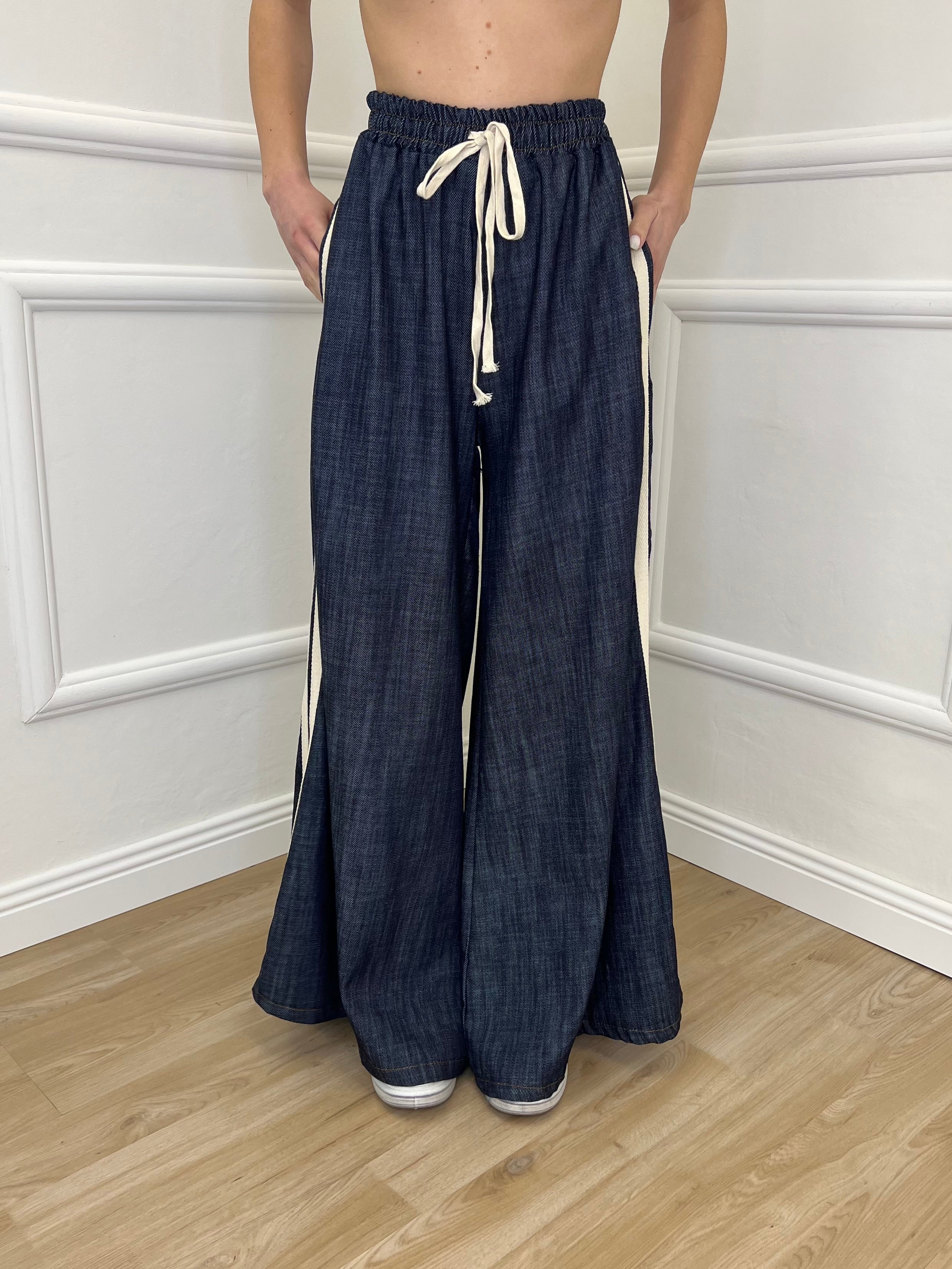 Pantalone Chambray Coulisse A7809 Blu