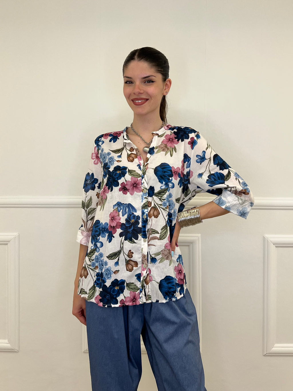 Camicia Fiori Strop Coreana 2588 Blu