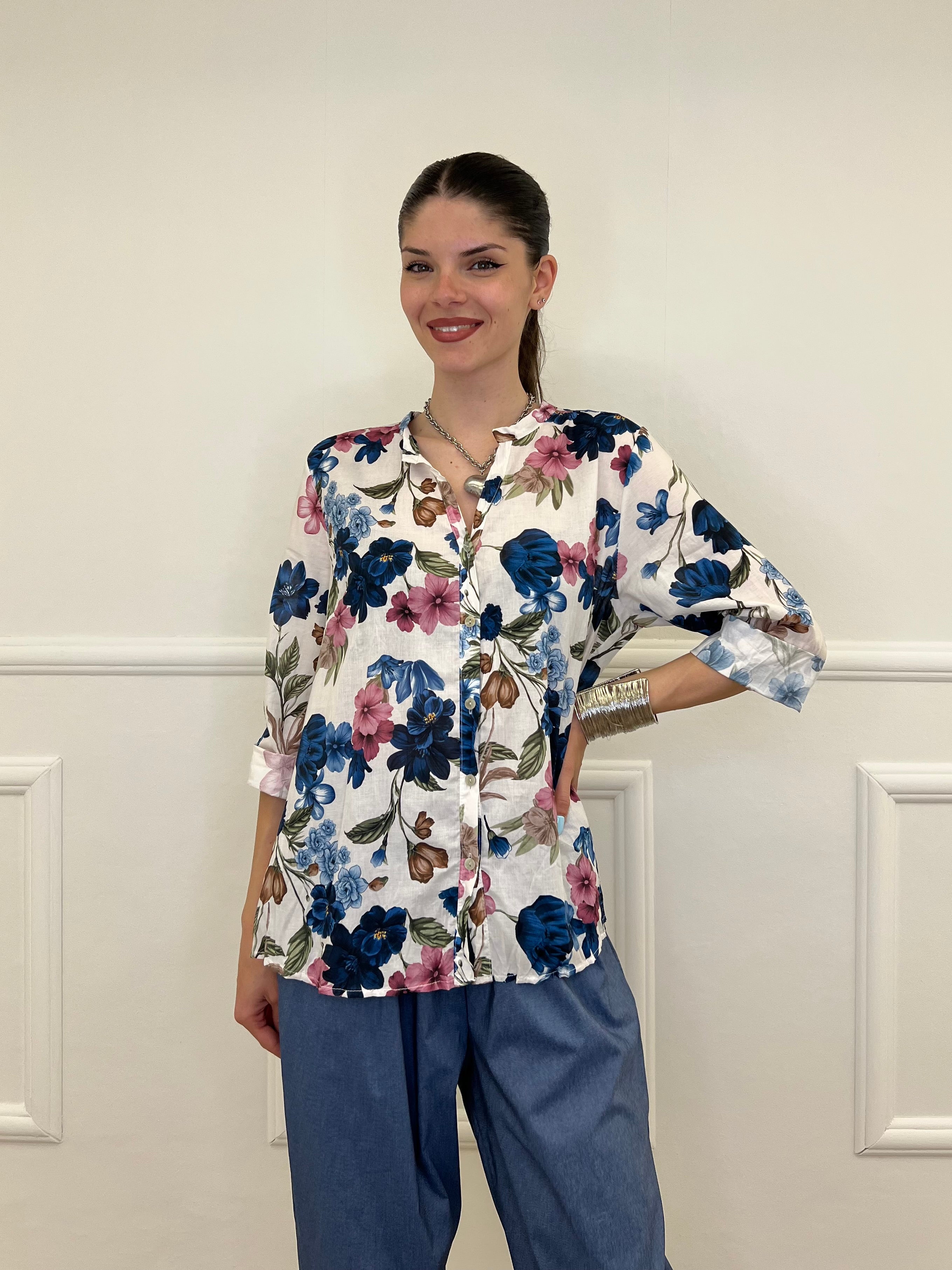 Camicia Fiori Strop Coreana 2588 Blu