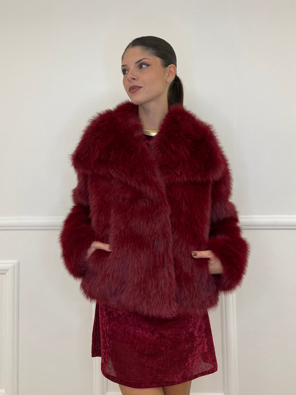 Double-Breasted Fur Coat Y0238 Bordeaux