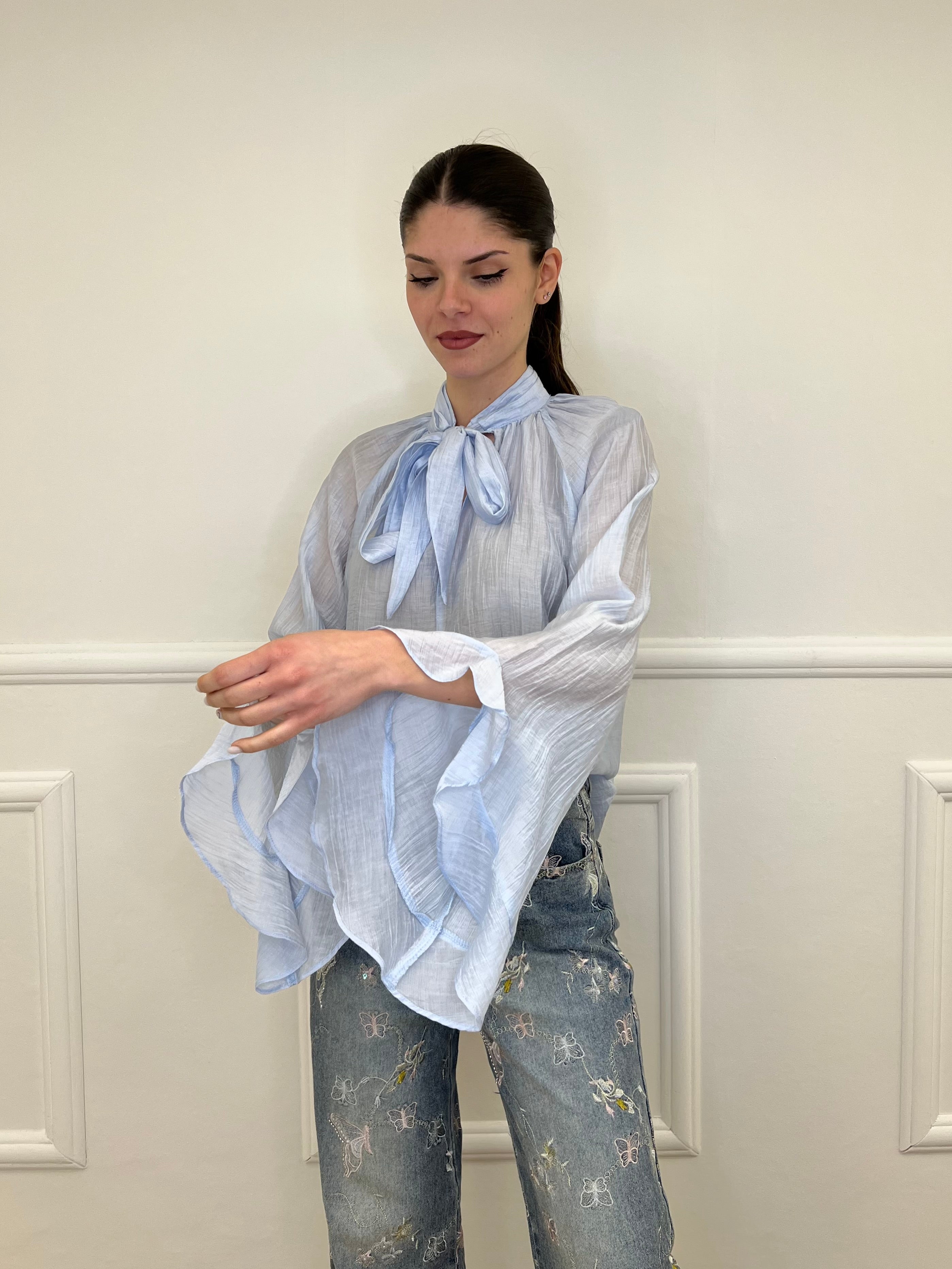 Camicia in Tencel con Fiocco 2608 Azzurro