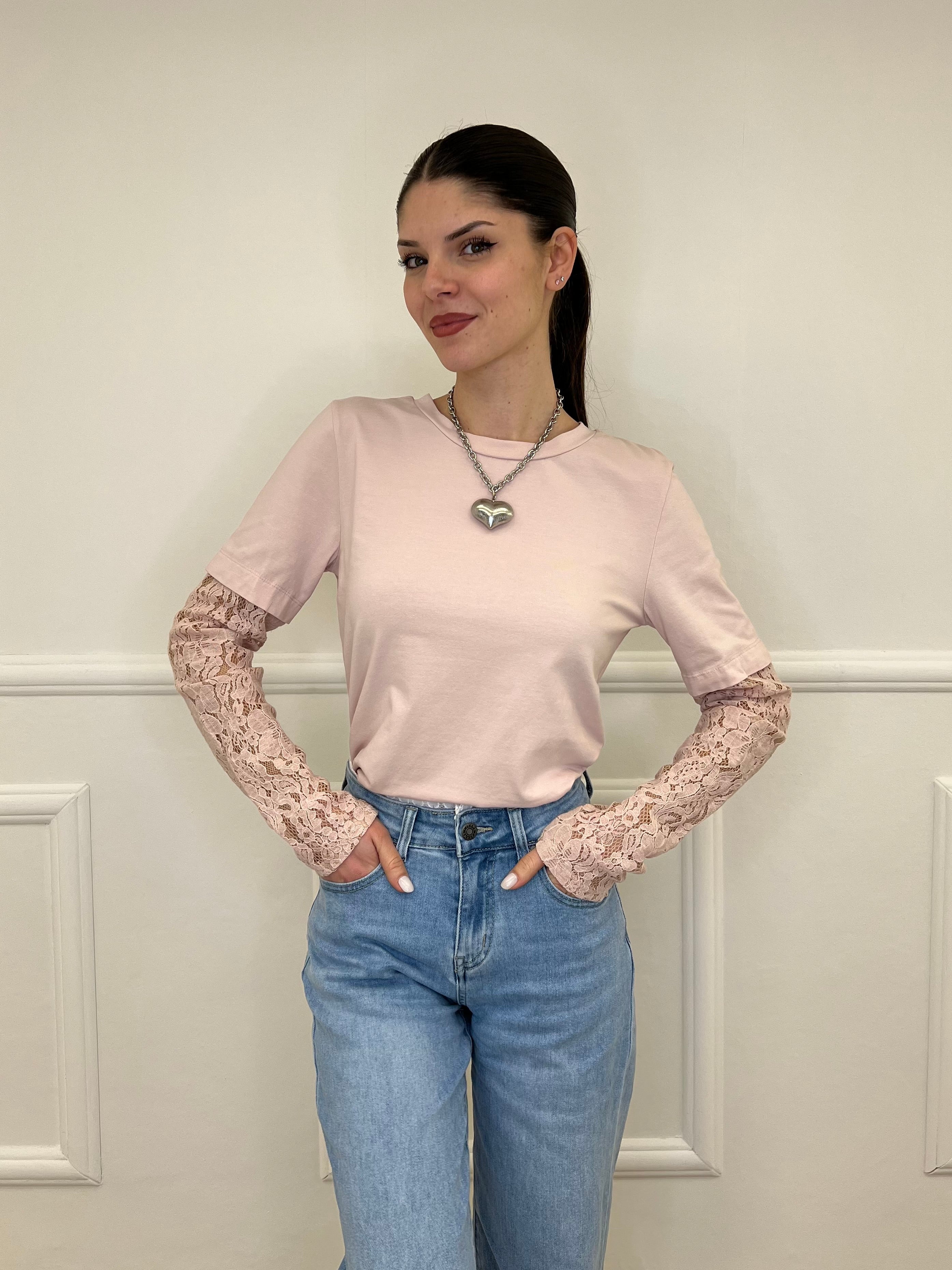 T-Shirt Con Maniche In Pizzo T10575 Rosa