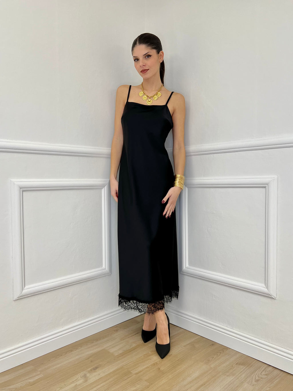 Abito Satin con Pizzo 16619 Nero