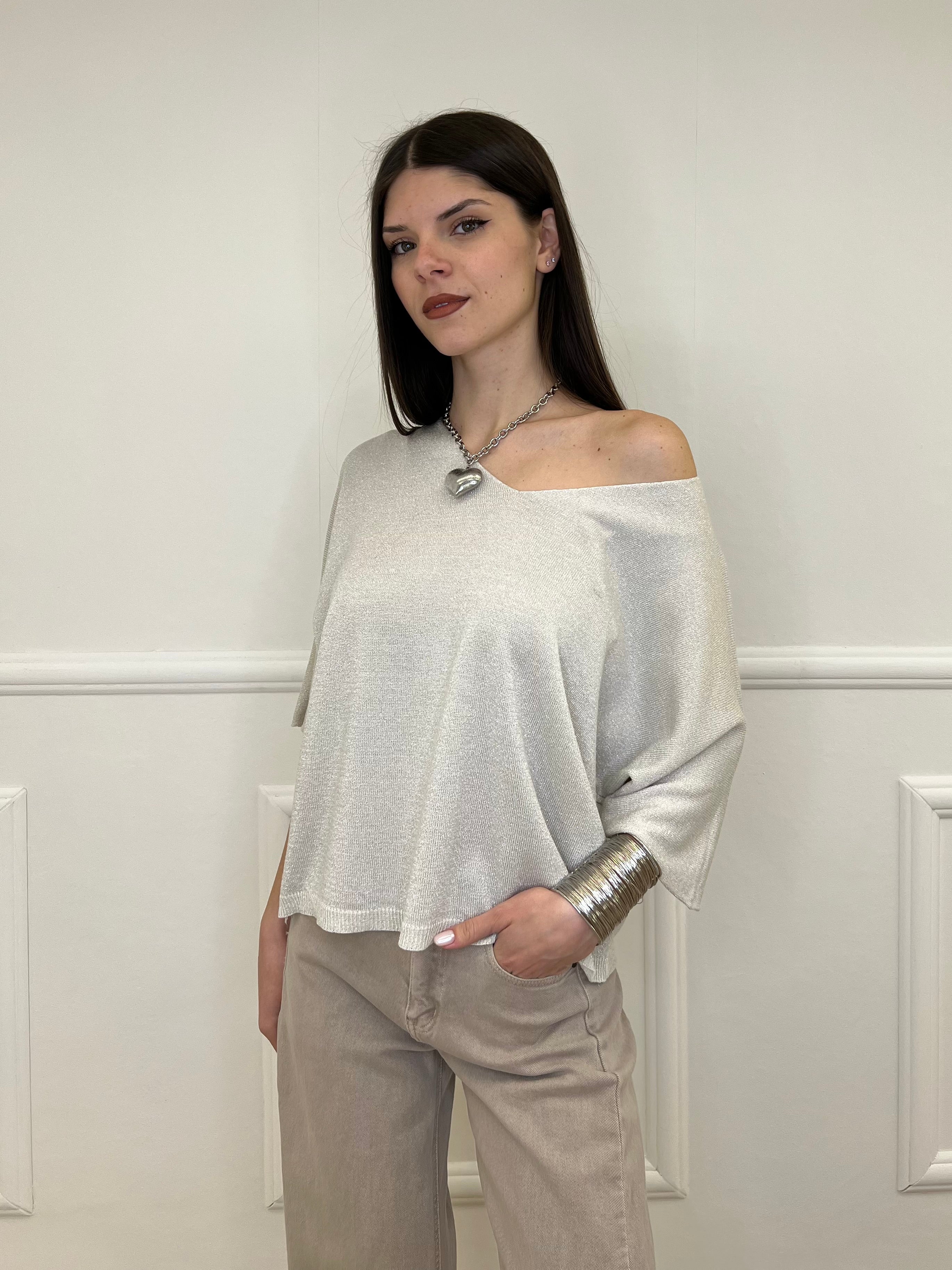 Maglia Lurex Scollo V 9081 Ecru