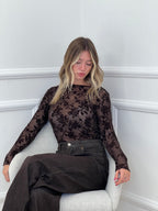 Top in Tulle con Ricamo Floreale 25855 Marrone