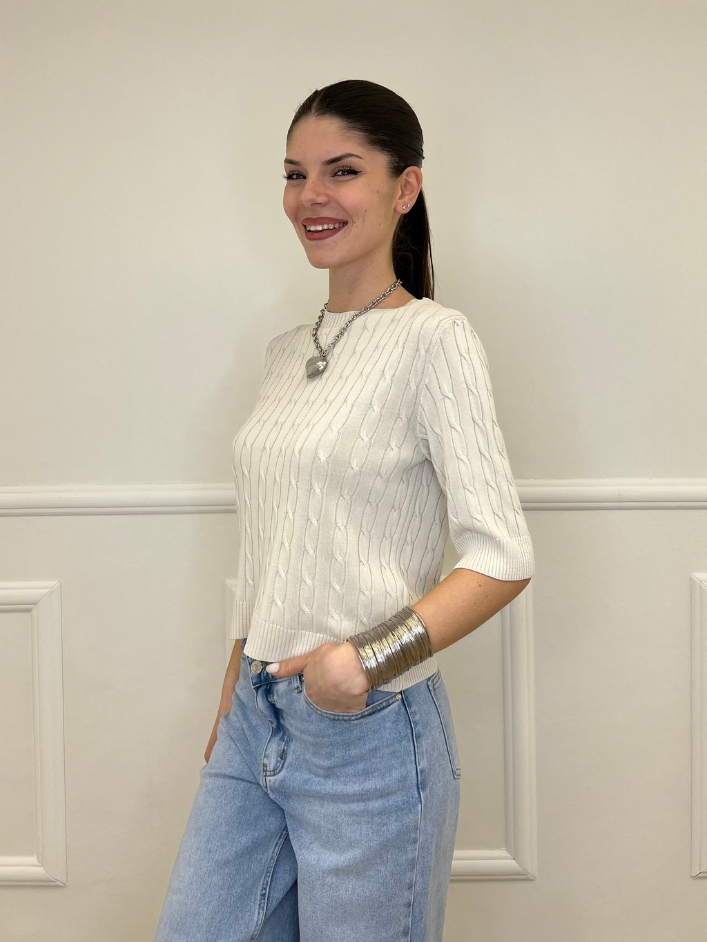 Maglia Trecce Barchetta 6524 Ecru