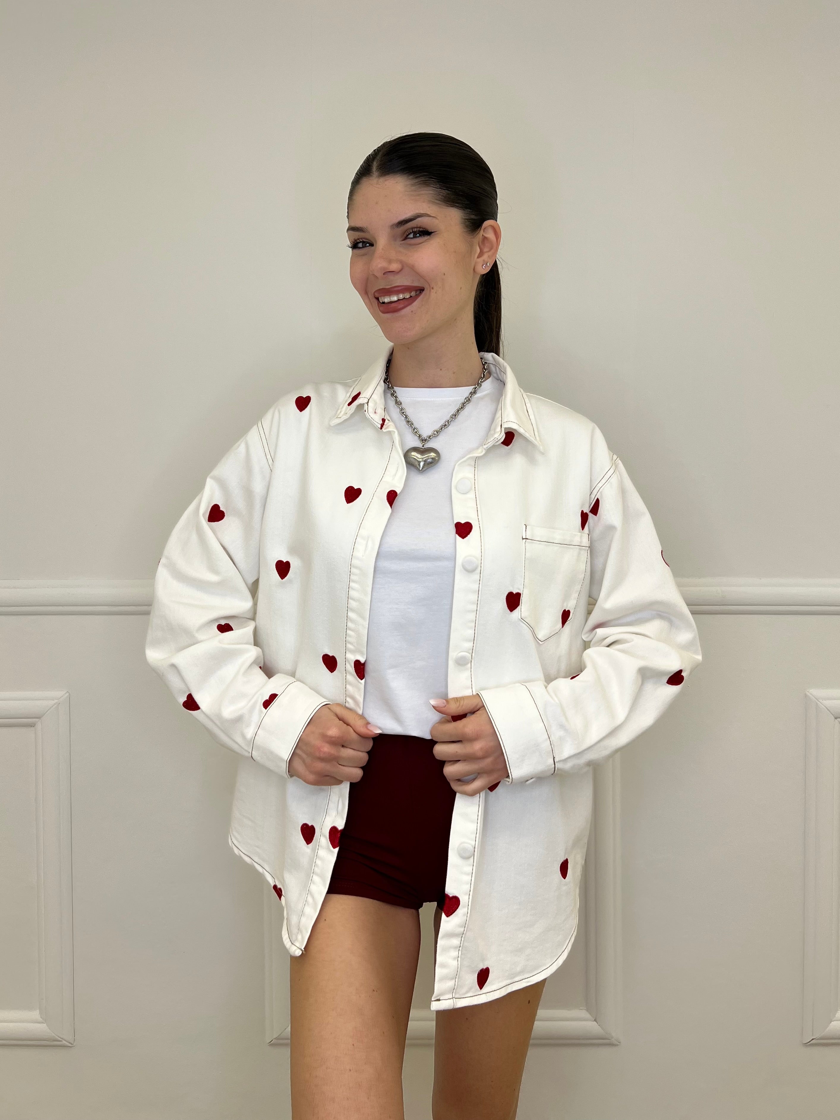 Giacca Camicia Denim Cuori 0805 Bianco