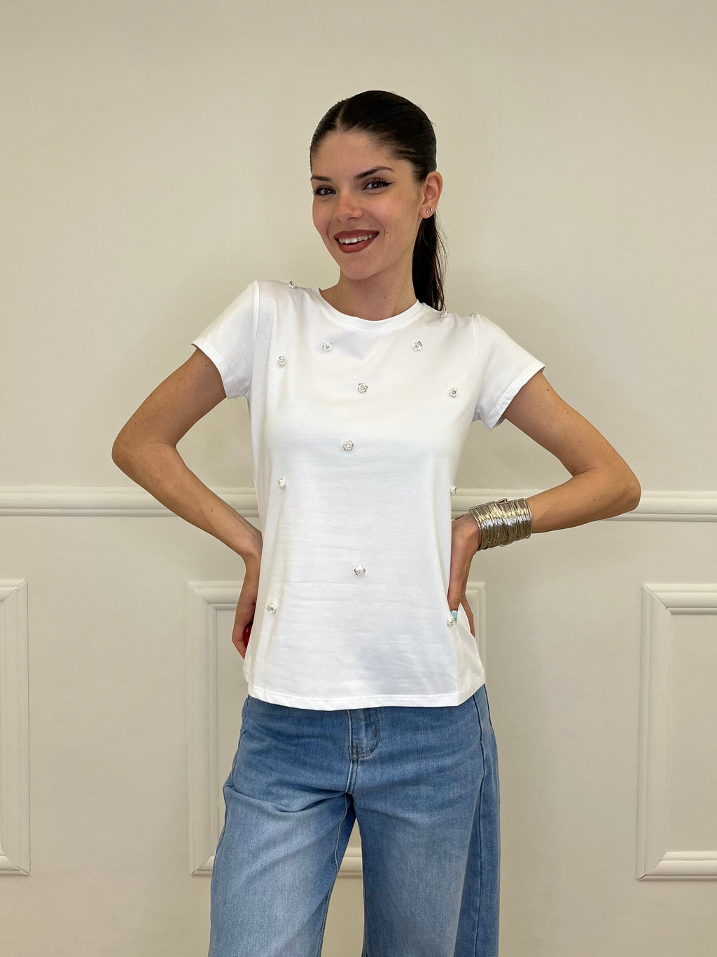 T-shirt Fiori Paillettes e Cristalli 5256 Bianco