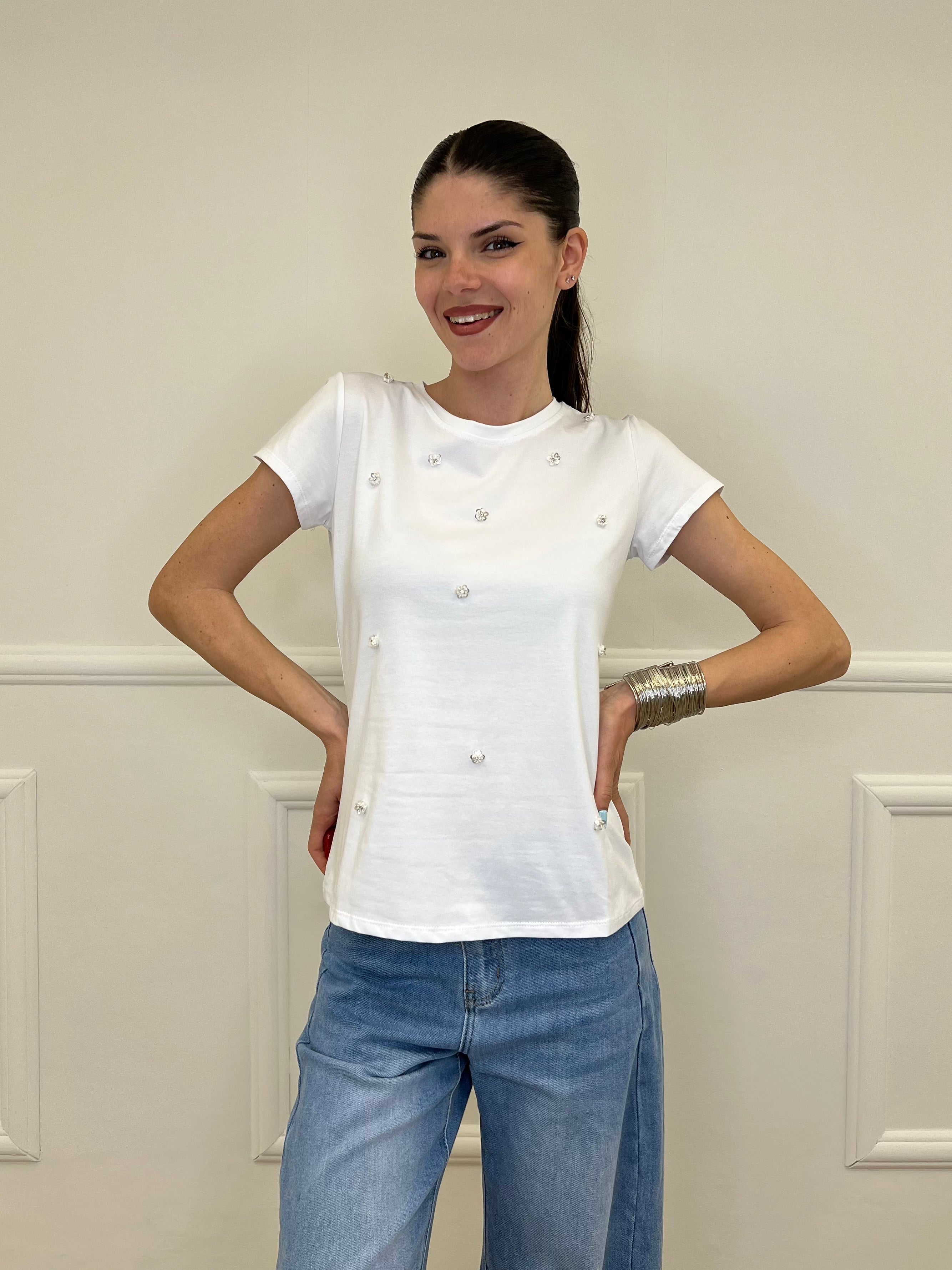 T-shirt Fiori Paillettes e Cristalli 5256 Bianco